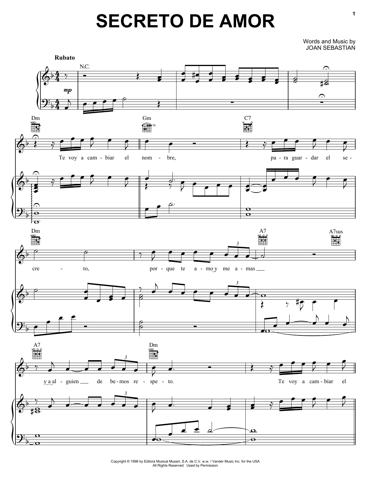 Joan Sebastian Secreto De Amor sheet music notes and chords arranged for Piano, Vocal & Guitar Chords (Right-Hand Melody)