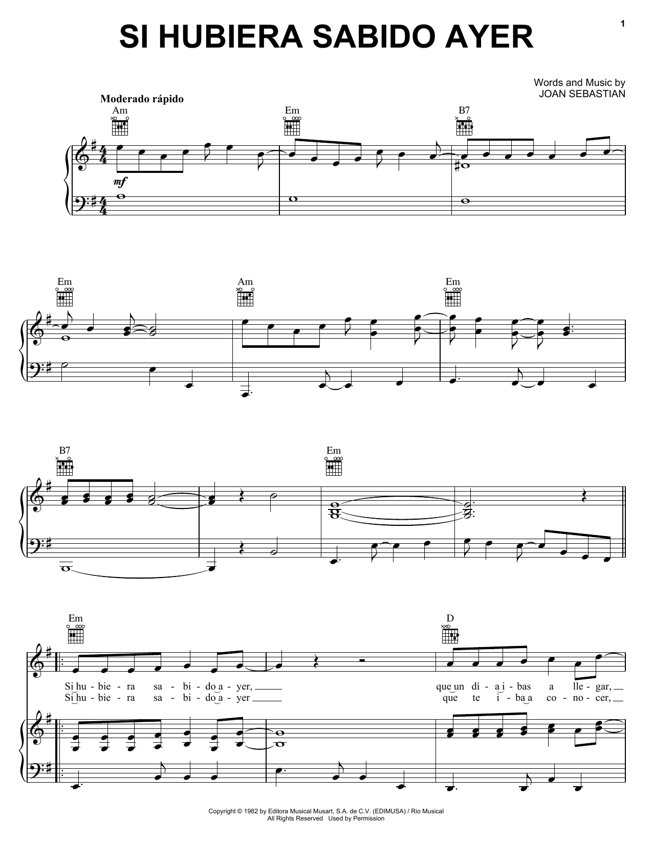 Joan Sebastian Si Hubiera Sabido Ayer sheet music notes and chords arranged for Piano, Vocal & Guitar Chords (Right-Hand Melody)