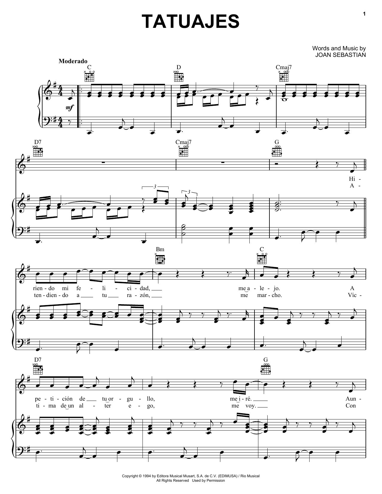Joan Sebastian Tatuajes sheet music notes and chords arranged for Piano, Vocal & Guitar Chords (Right-Hand Melody)