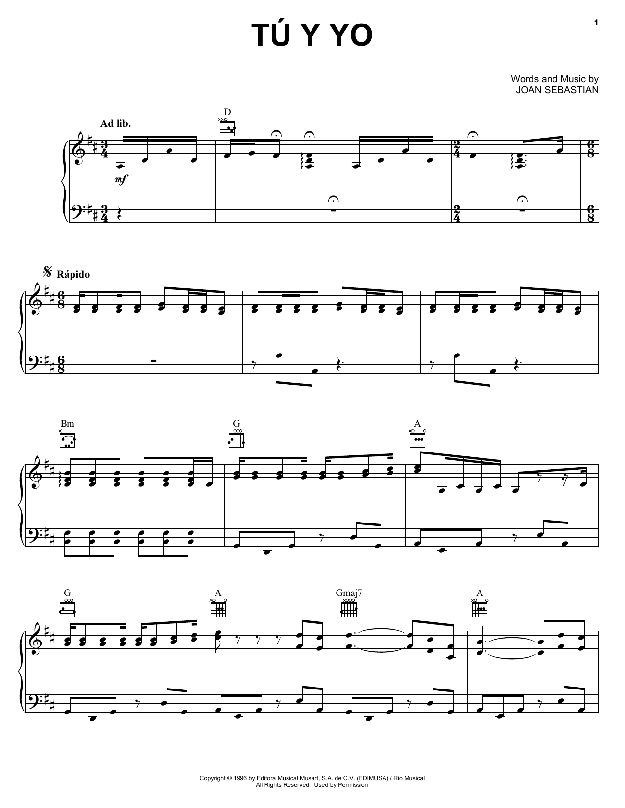 Joan Sebastian Tú Y Yo sheet music notes and chords arranged for Piano, Vocal & Guitar Chords (Right-Hand Melody)
