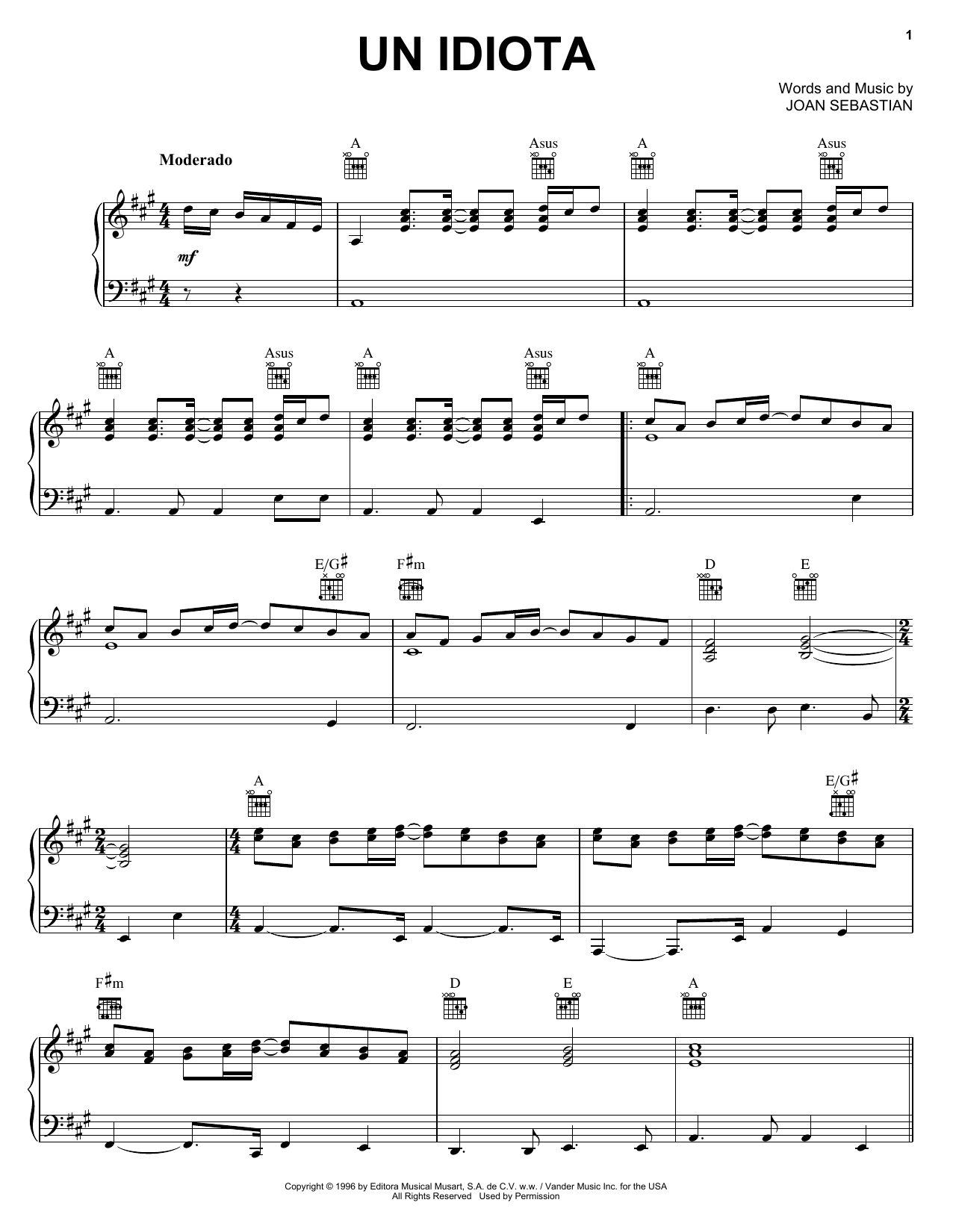 Joan Sebastian Un Idiota sheet music notes and chords arranged for Piano, Vocal & Guitar Chords (Right-Hand Melody)