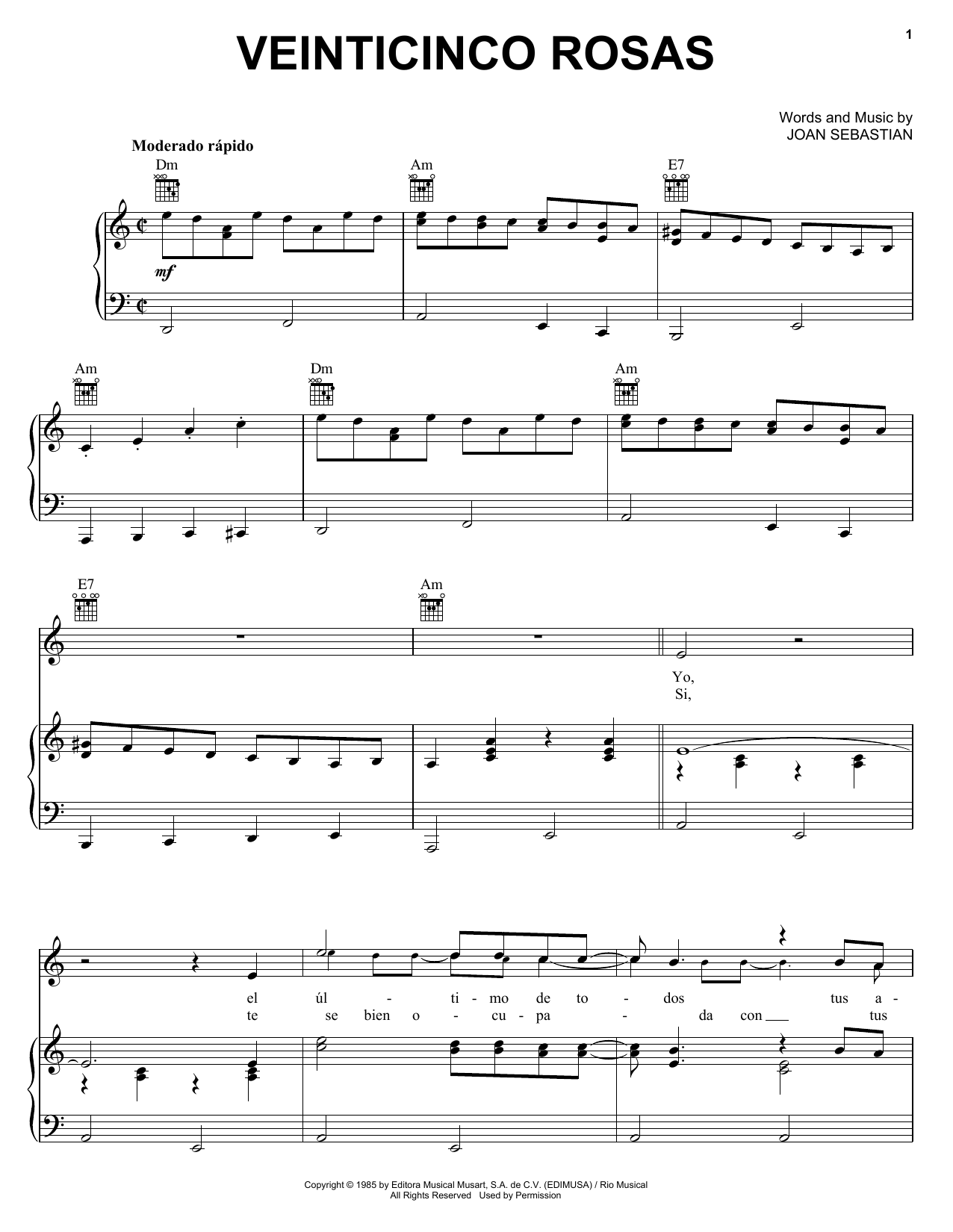 Joan Sebastian Veinticinco Rosas sheet music notes and chords arranged for Piano, Vocal & Guitar Chords (Right-Hand Melody)