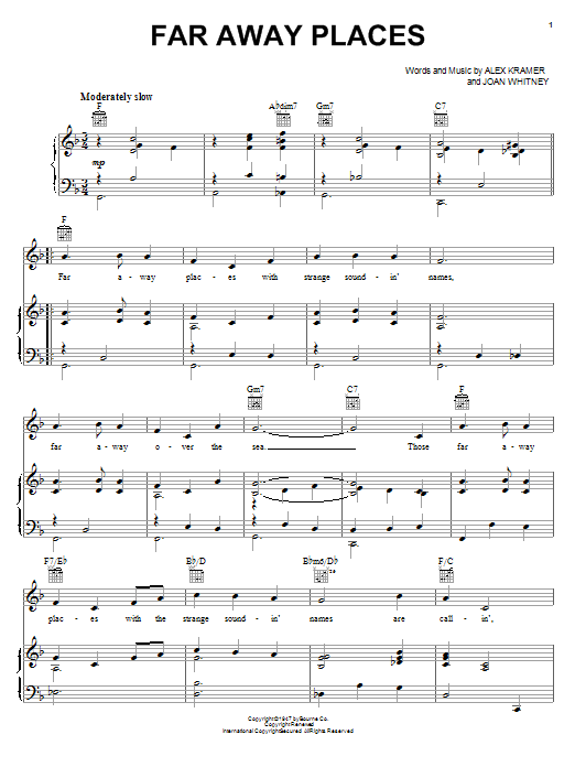Joan Whitney Far Away Places sheet music notes and chords arranged for Piano, Vocal & Guitar Chords (Right-Hand Melody)