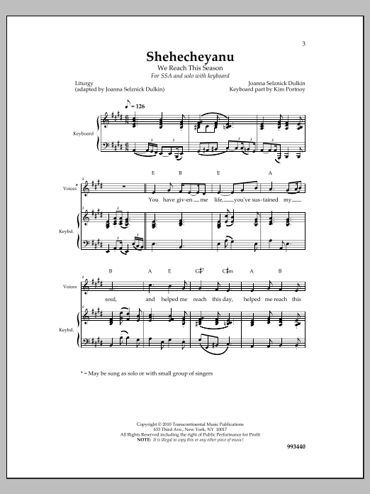 Joanna Sulznick Dulkin Shehecheyanu sheet music notes and chords arranged for SSA Choir