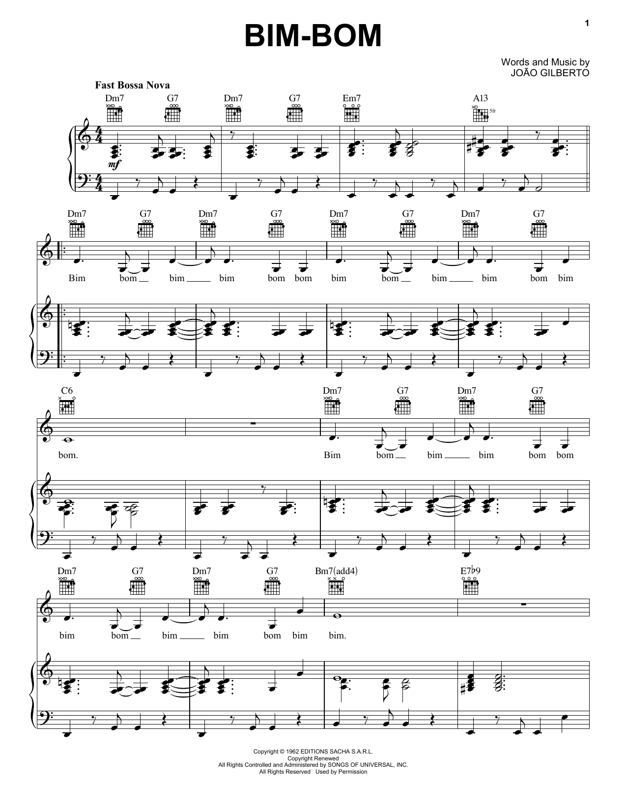 Joao Gilberto Bim-Bom sheet music notes and chords arranged for Piano, Vocal & Guitar Chords (Right-Hand Melody)