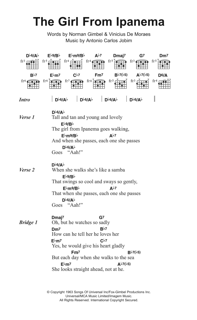 Joao Gilberto The Girl From Ipanema (feat. Astrud Gilberto) sheet music notes and chords arranged for Guitar Chords/Lyrics