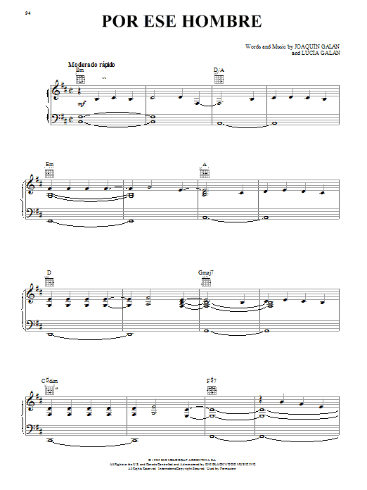 Joaquin Galan Por Ese Hombre sheet music notes and chords arranged for Piano, Vocal & Guitar Chords (Right-Hand Melody)
