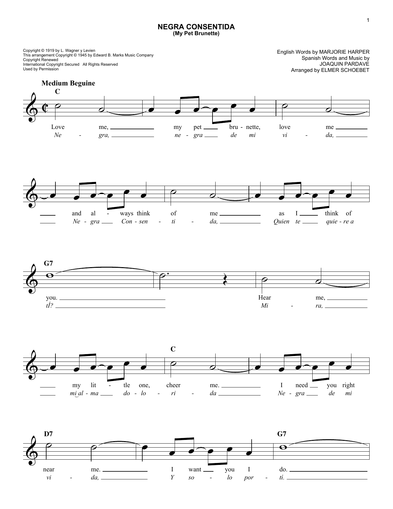Joaquin Pardave Negra Consentida (My Pet Brunette) sheet music notes and chords arranged for Lead Sheet / Fake Book
