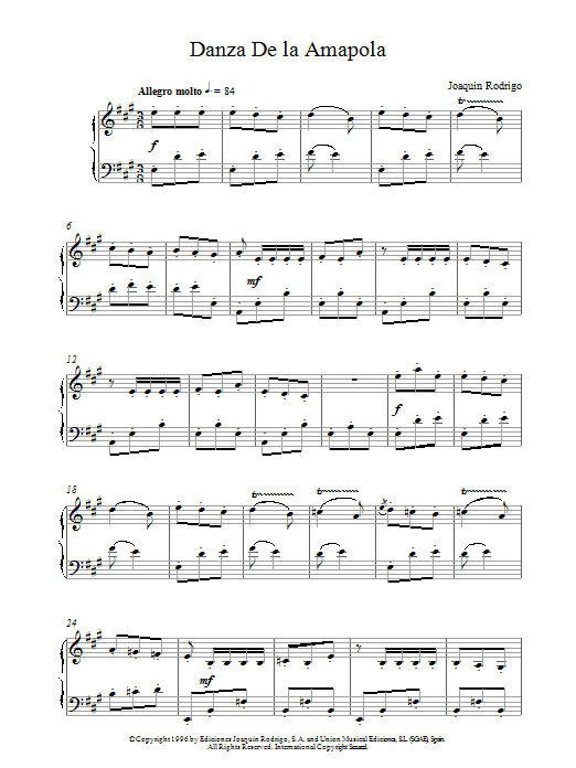 Joaquin Rodrigo Danza De La Amapola sheet music notes and chords arranged for Piano Solo