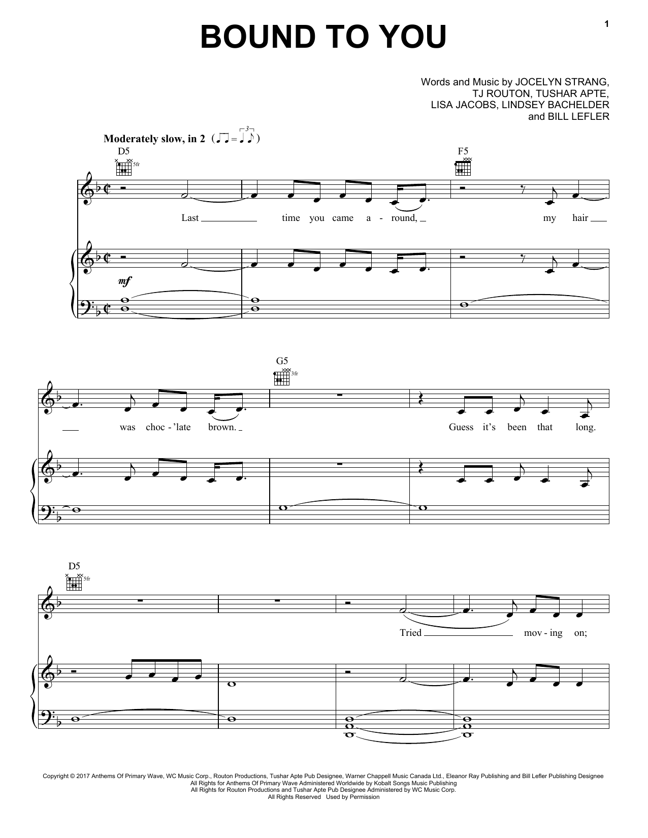 Jocelyn Alice Bound To You sheet music notes and chords arranged for Piano, Vocal & Guitar Chords (Right-Hand Melody)