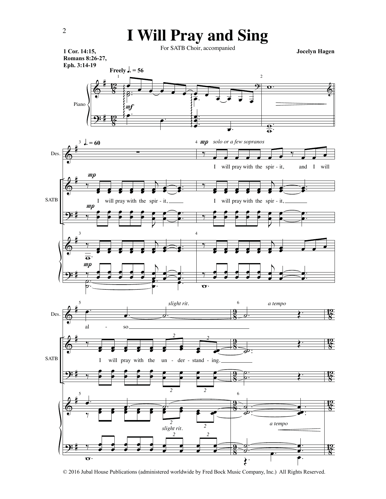 Jocelyn Hagen I Will Pray and Sing sheet music notes and chords arranged for SATB Choir