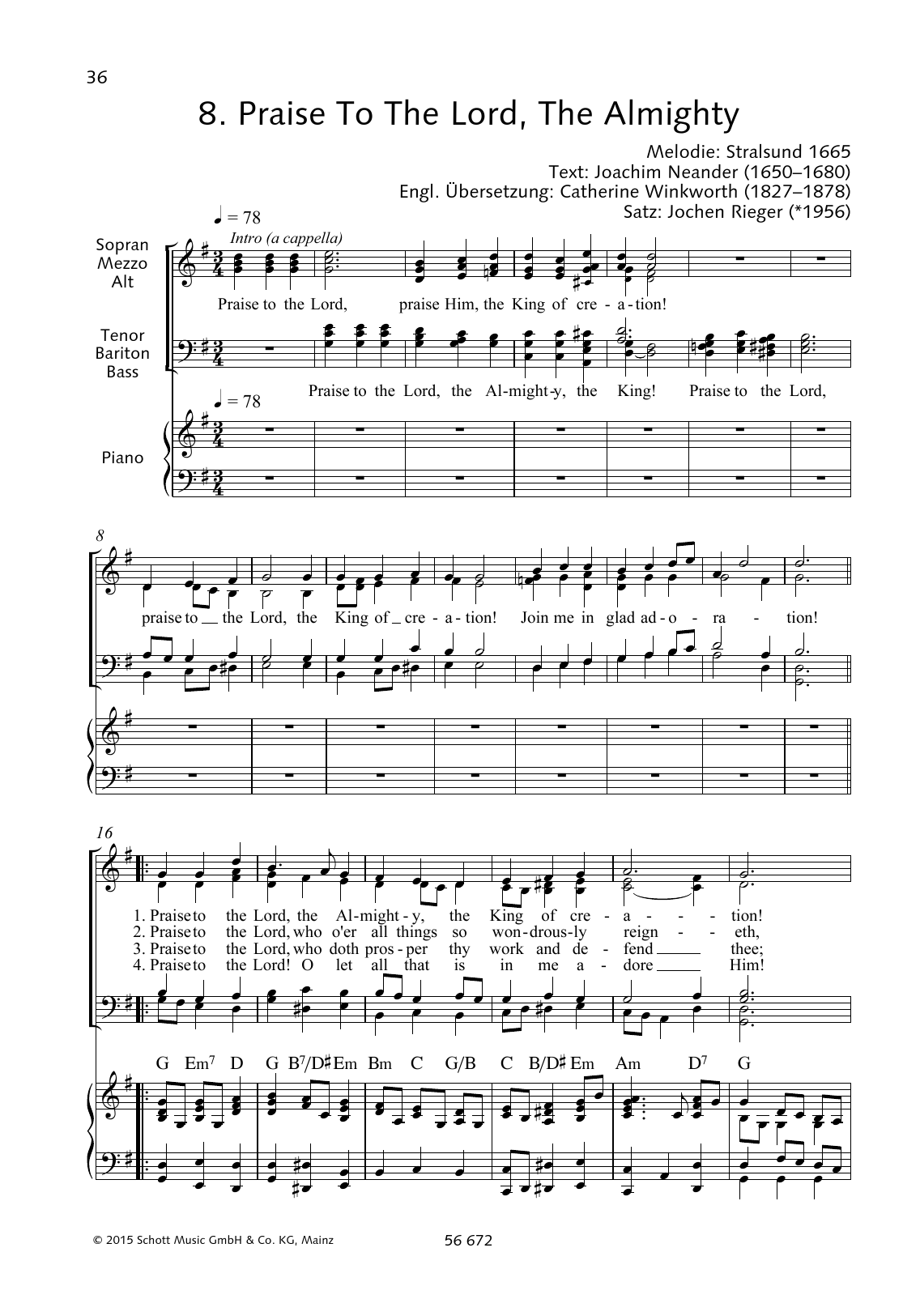 Jochen Rieger Praise to the Lord, The Almighty sheet music notes and chords arranged for Choir