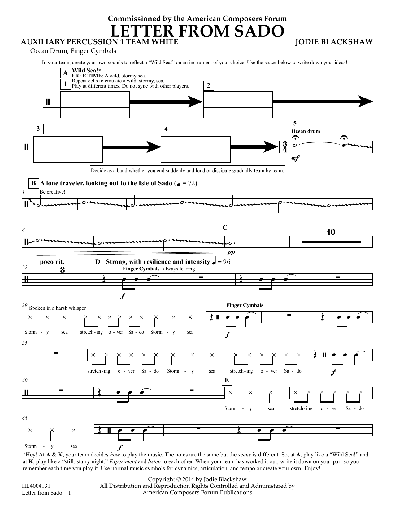 Jodie Blackshaw Letter from Sado - Aux Perc 1 Team White sheet music notes and chords arranged for Concert Band