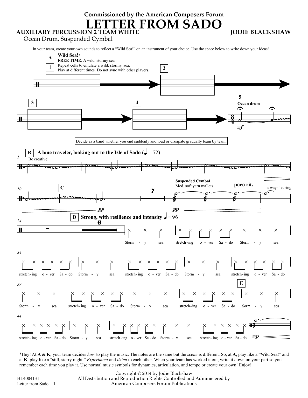 Jodie Blackshaw Letter from Sado - Aux Perc 2 Team White sheet music notes and chords arranged for Concert Band
