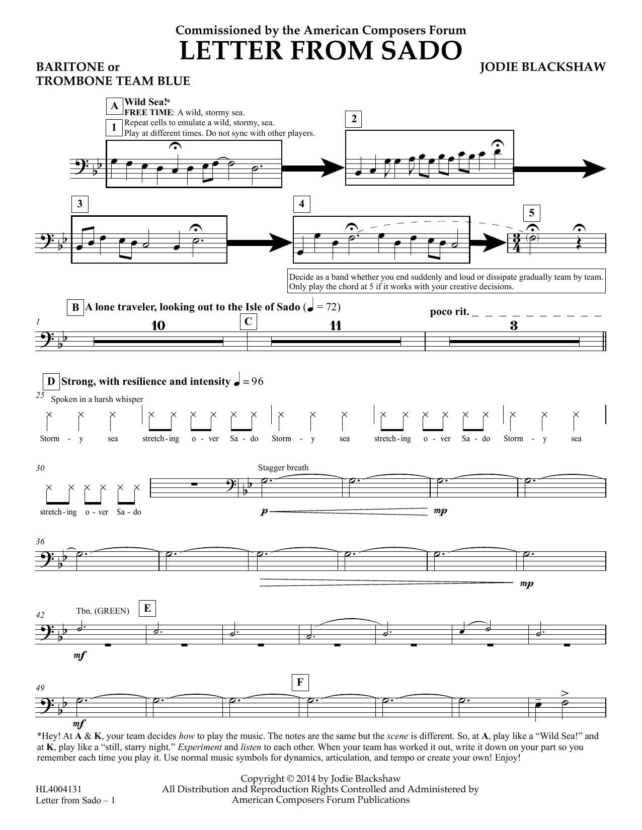 Jodie Blackshaw Letter from Sado - Baritone or Trombone Team Blue sheet music notes and chords arranged for Concert Band