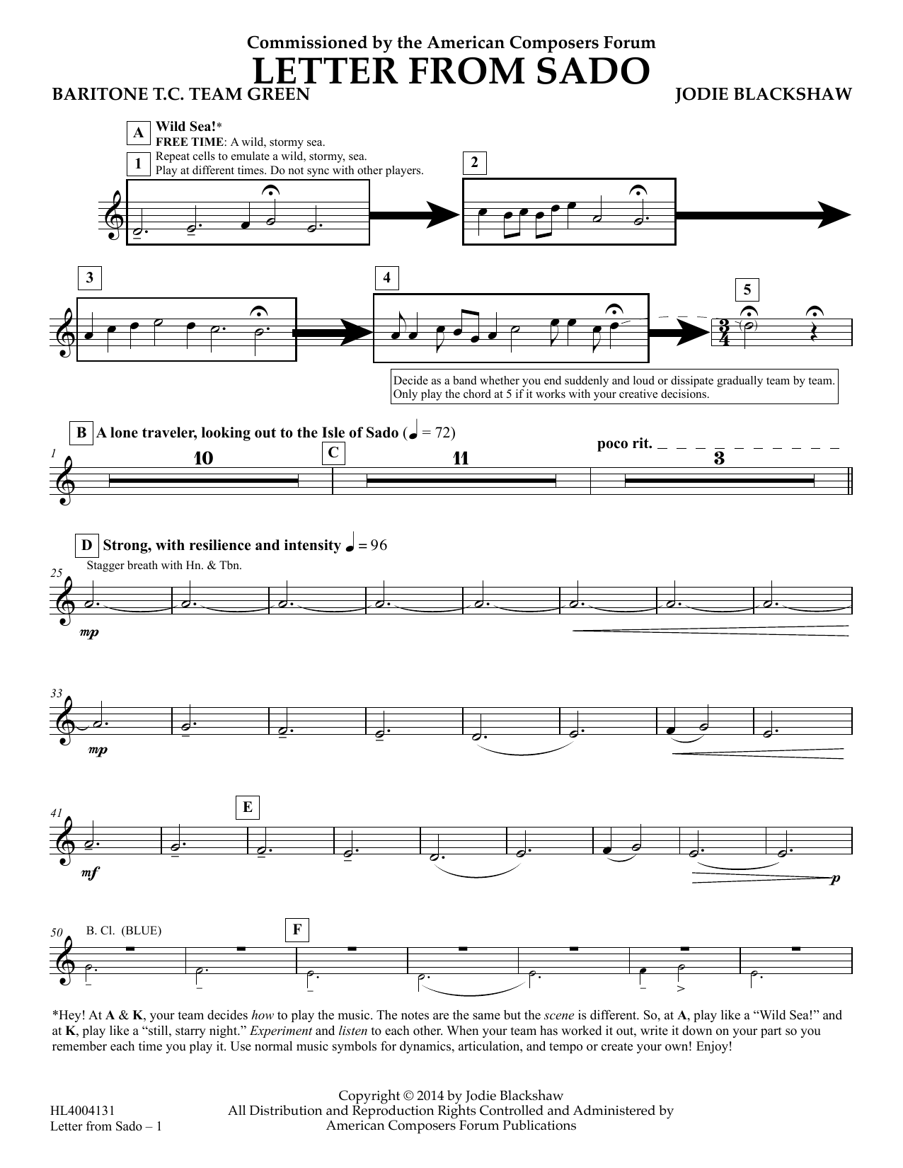 Jodie Blackshaw Letter from Sado - Baritone T.C. Team Green sheet music notes and chords arranged for Concert Band