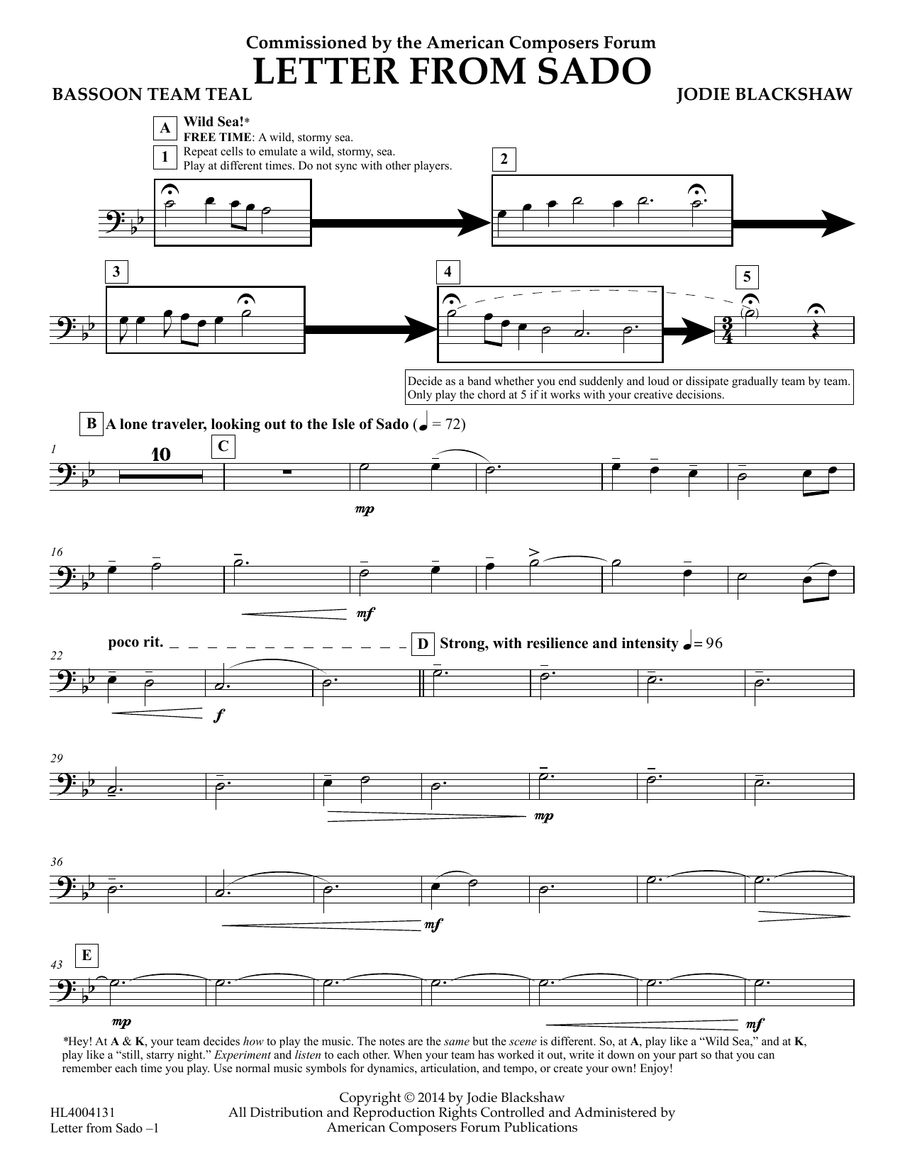Jodie Blackshaw Letter from Sado - Bassoon Team Teal sheet music notes and chords arranged for Concert Band