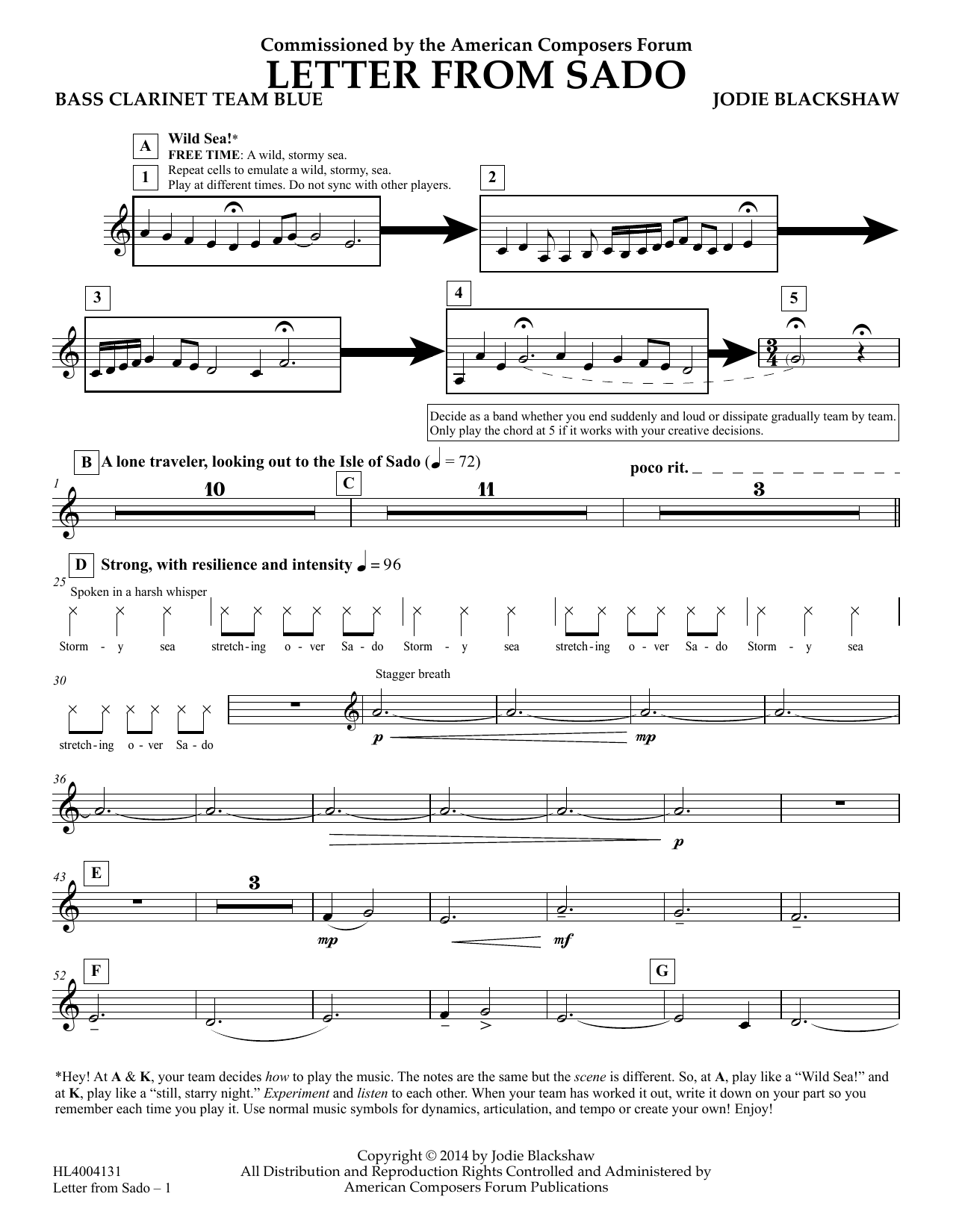 Jodie Blackshaw Letter from Sado - Bb Bass Clarinet Team Blue sheet music notes and chords arranged for Concert Band