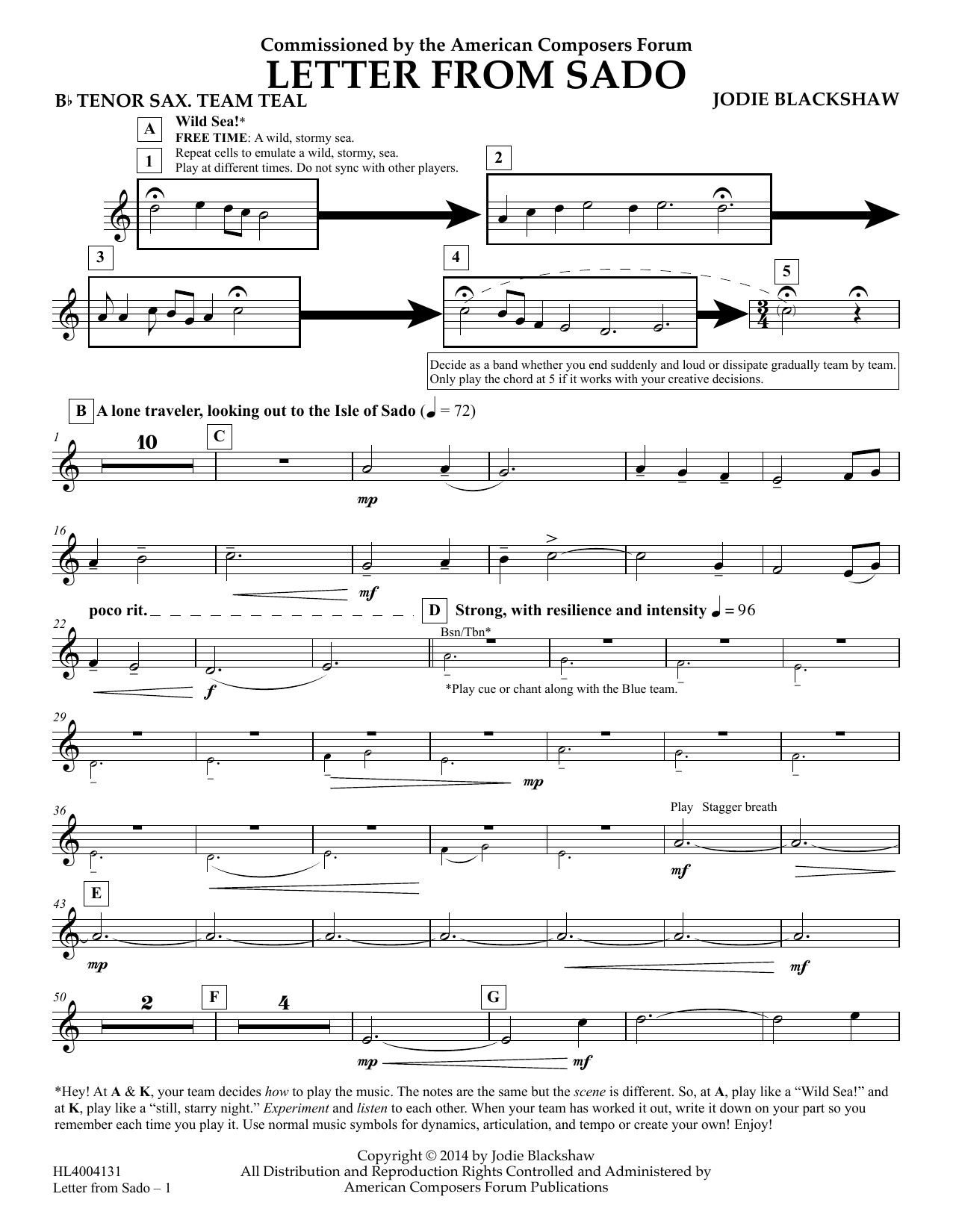 Jodie Blackshaw Letter from Sado - Bb Tenor Saxophone Team Teal sheet music notes and chords arranged for Concert Band