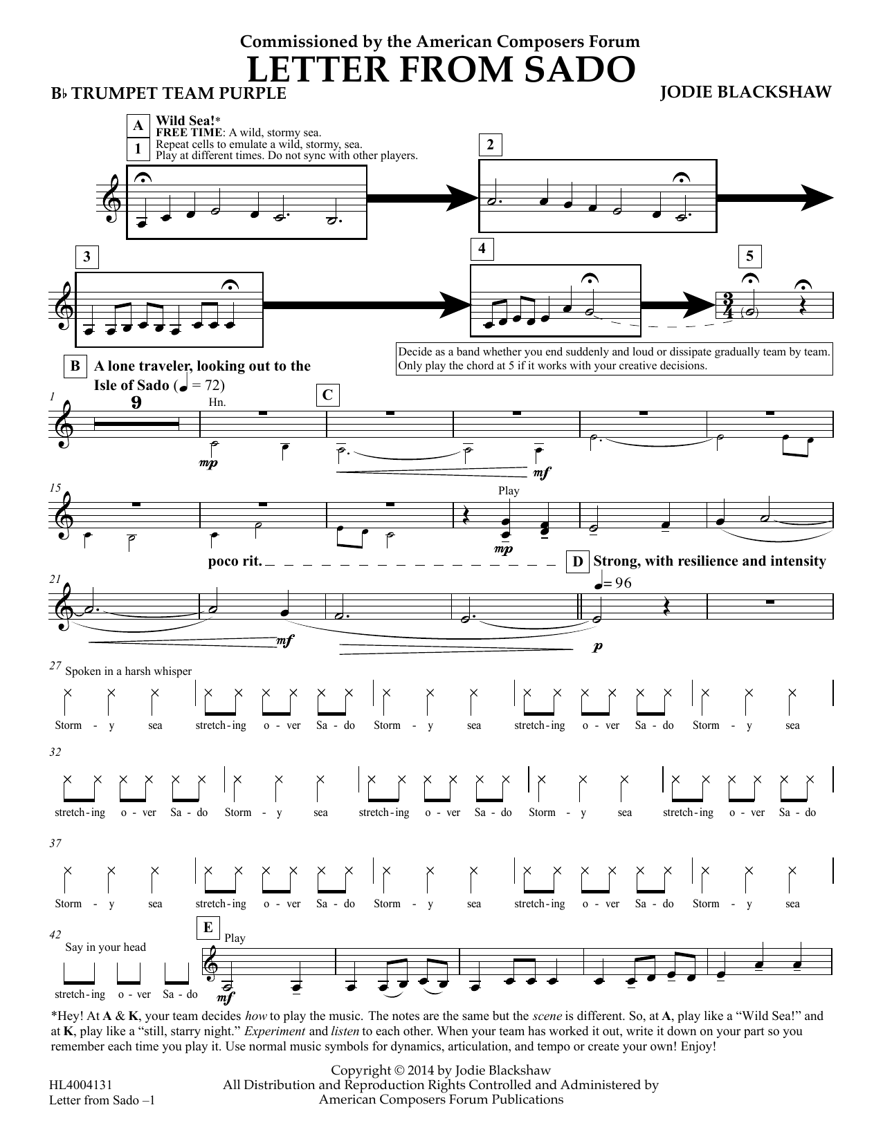 Jodie Blackshaw Letter from Sado - Bb Trumpet Team Purple sheet music notes and chords arranged for Concert Band