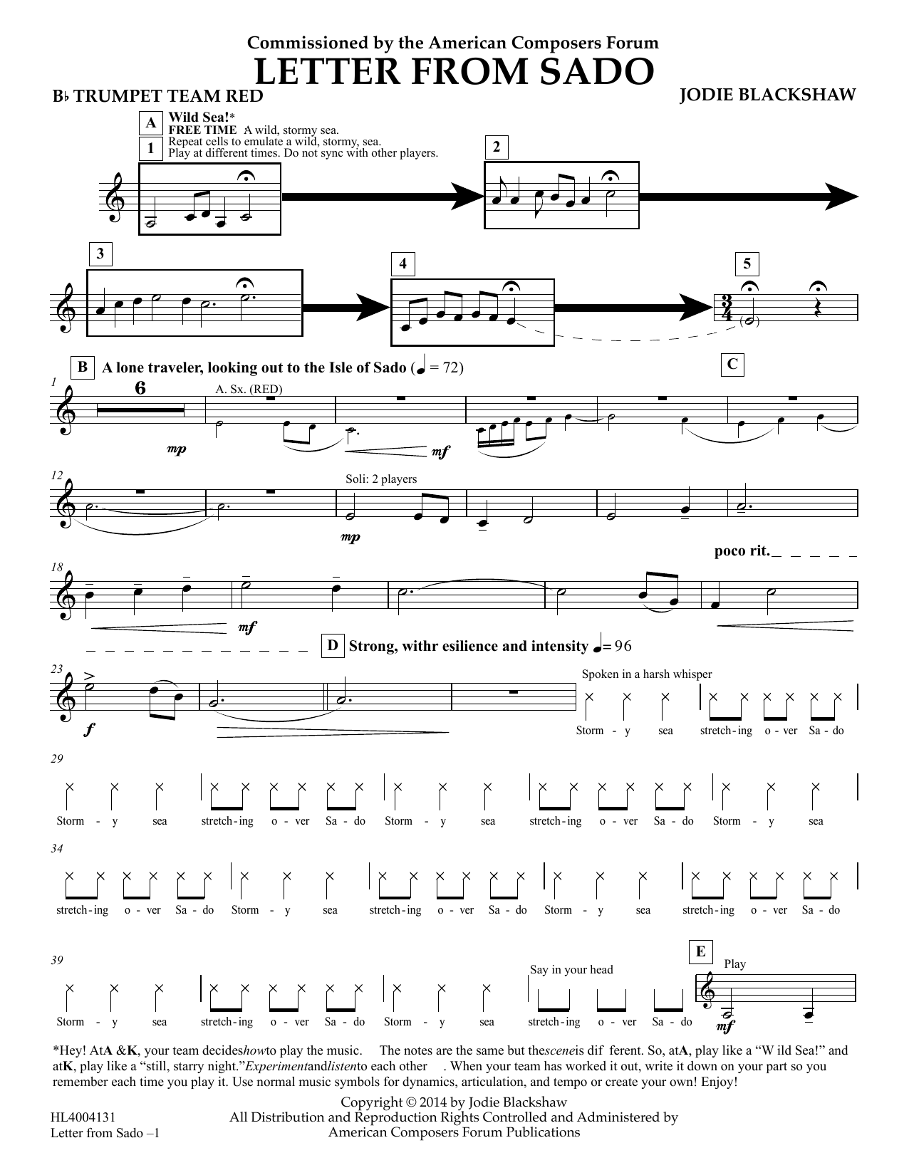 Jodie Blackshaw Letter from Sado - Bb Trumpet Team Red sheet music notes and chords arranged for Concert Band