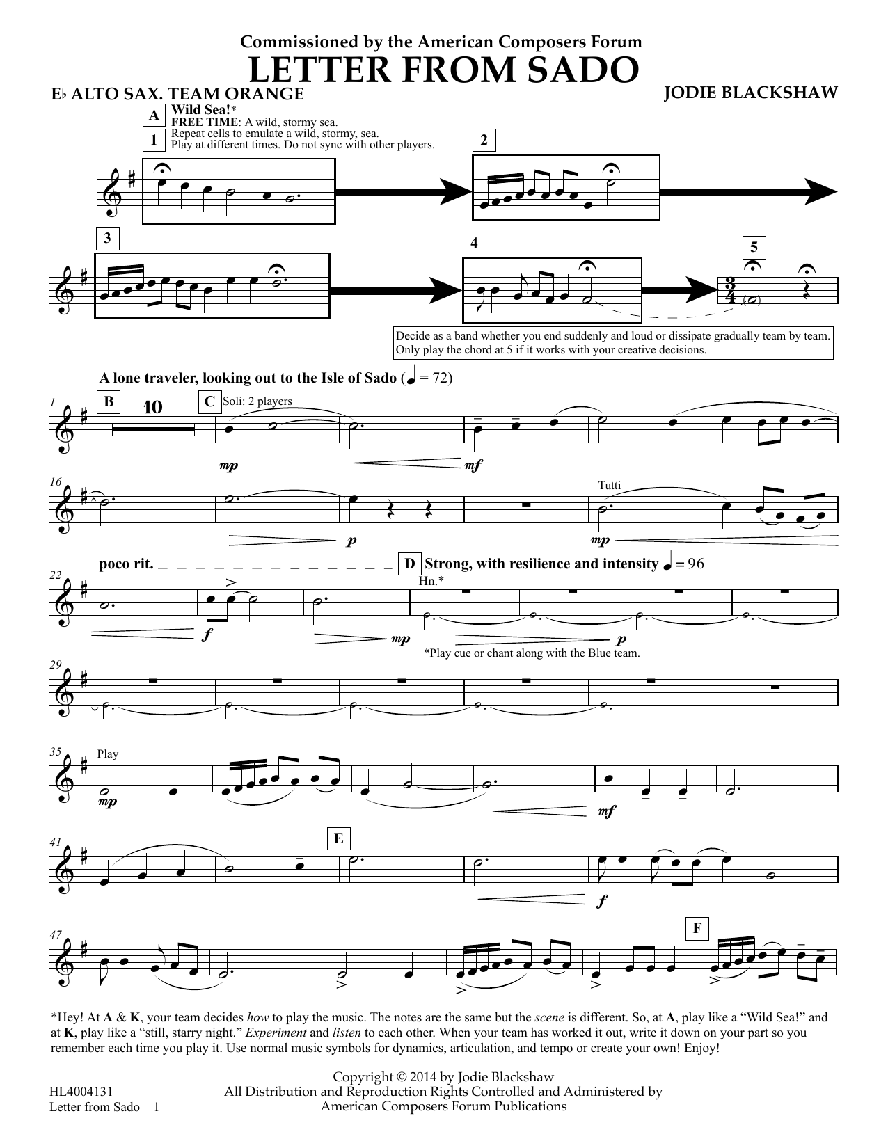 Jodie Blackshaw Letter from Sado - Eb Alto Saxophone Team Orange sheet music notes and chords arranged for Concert Band