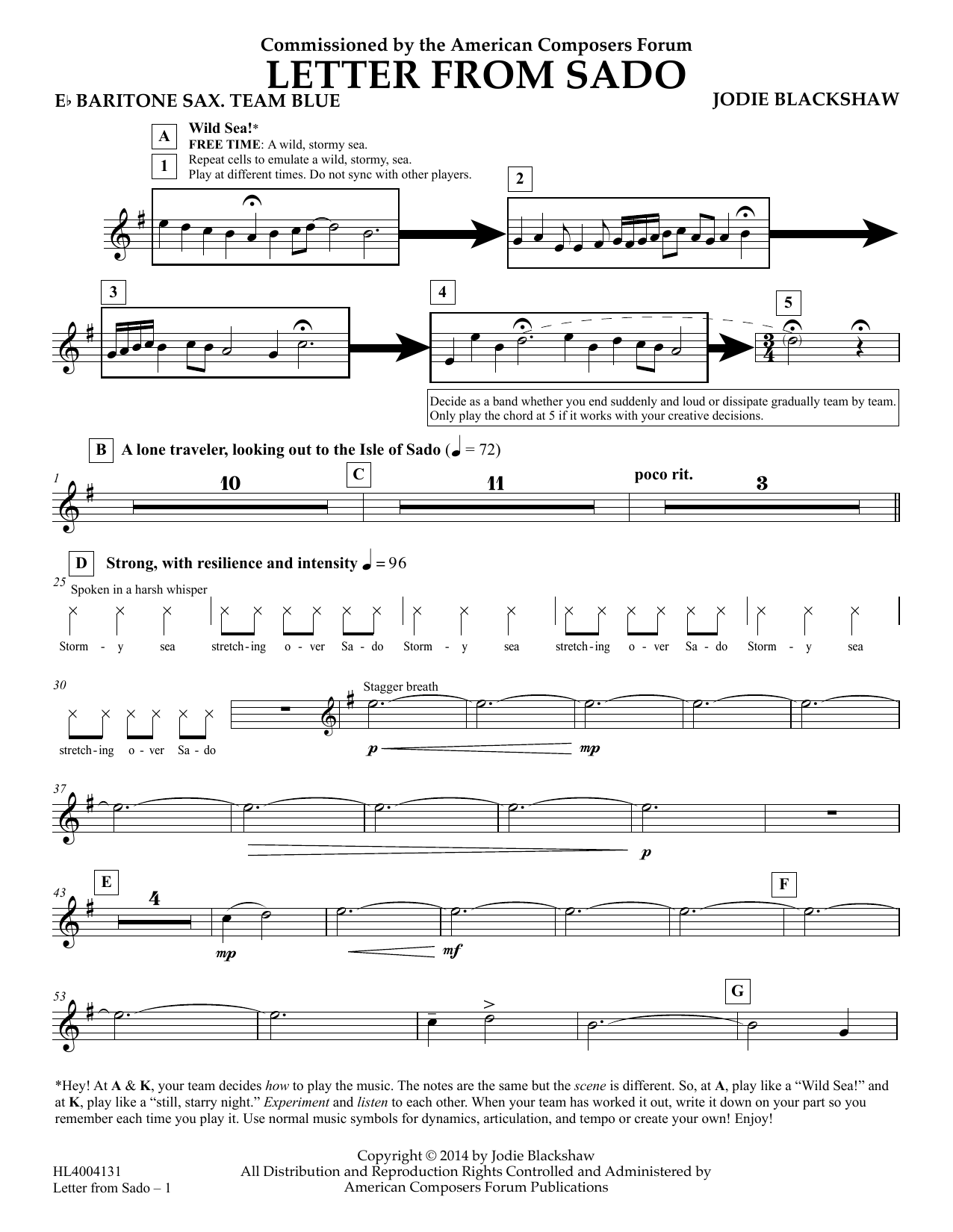 Jodie Blackshaw Letter from Sado - Eb Baritone Sax Team Blue sheet music notes and chords arranged for Concert Band