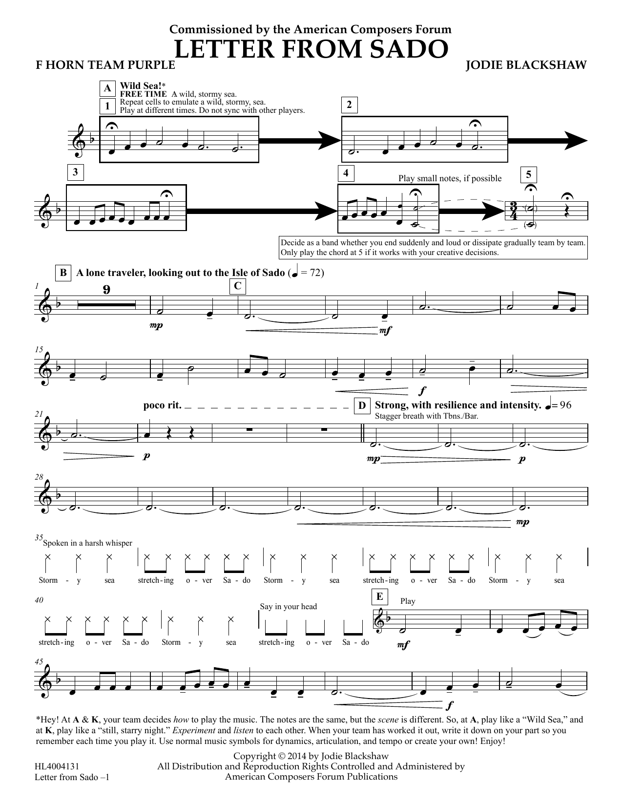 Jodie Blackshaw Letter from Sado - F Horn Team Purple sheet music notes and chords arranged for Concert Band