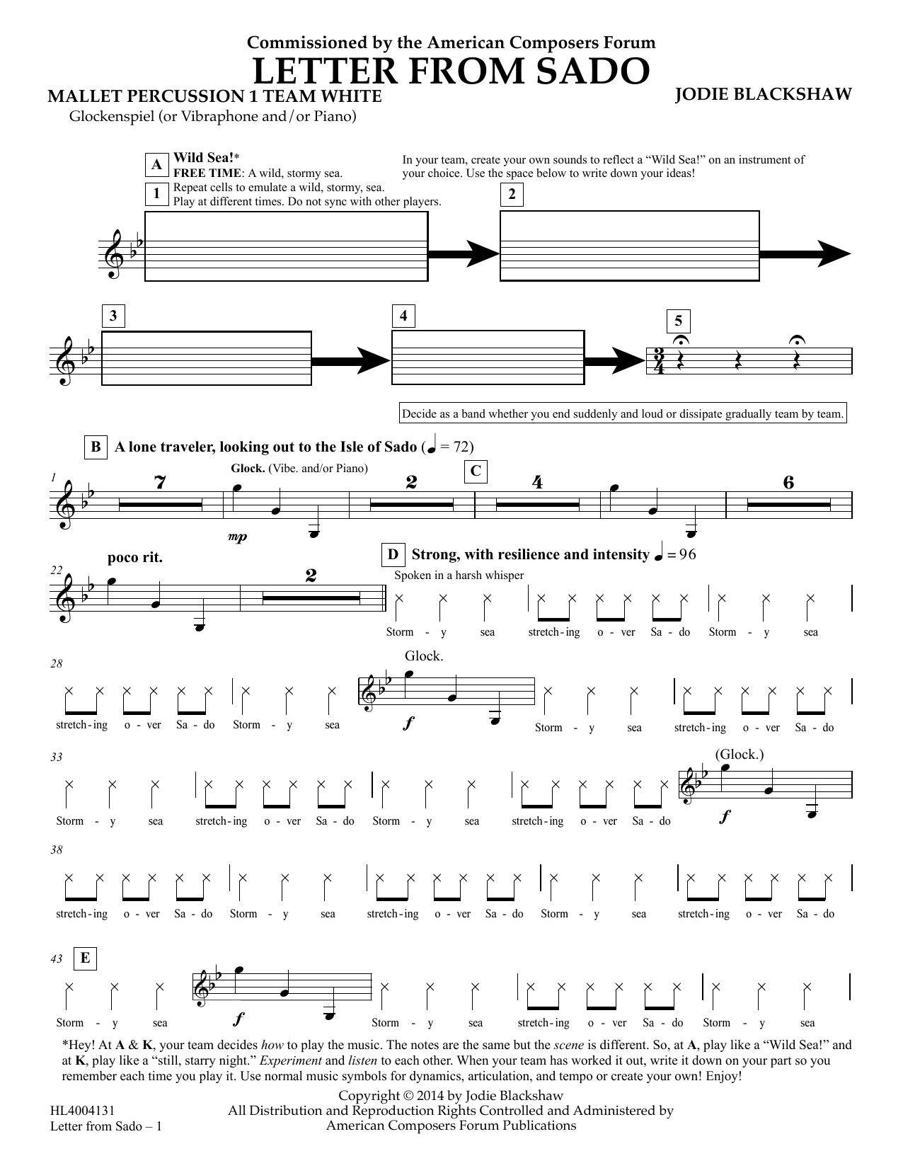 Jodie Blackshaw Letter from Sado - Mallet Perc 1 Bells Team White sheet music notes and chords arranged for Concert Band