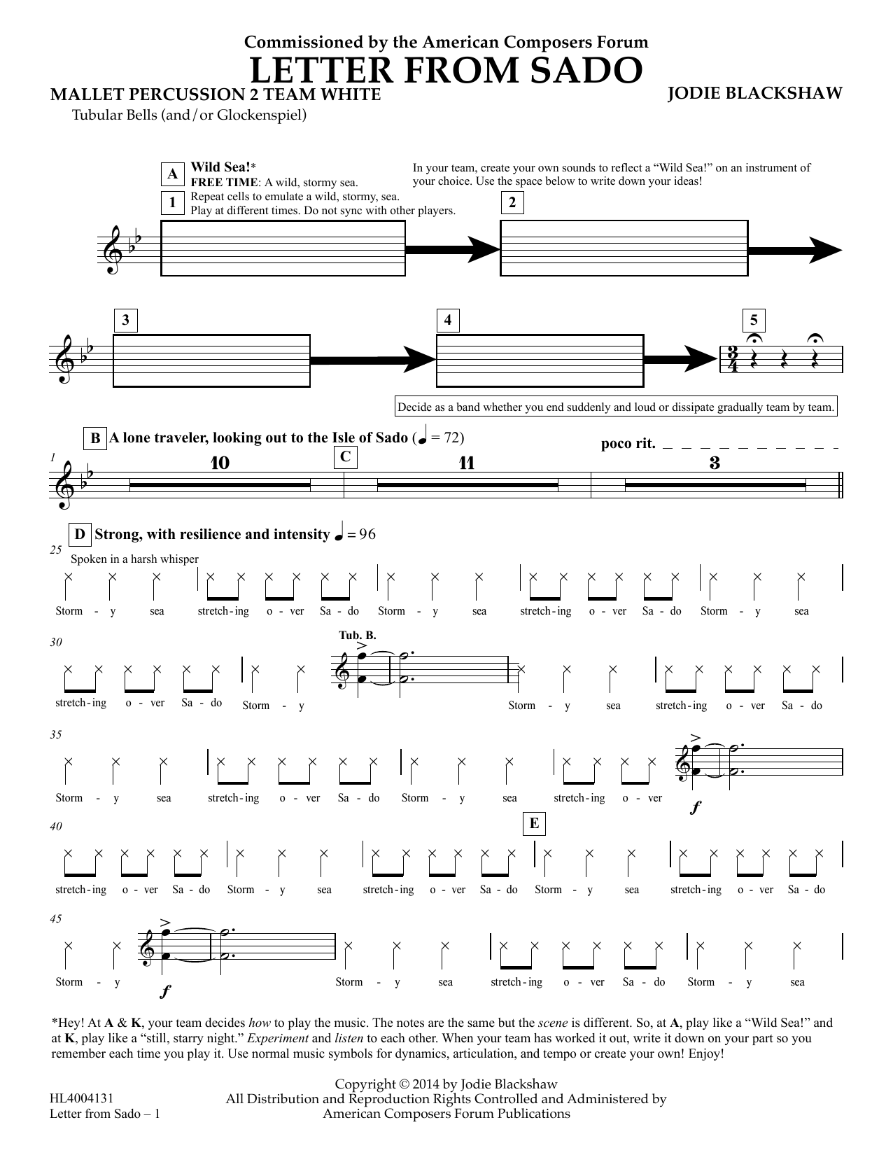 Jodie Blackshaw Letter from Sado - Mallet Perc 2 Chimes Team Whit sheet music notes and chords arranged for Concert Band