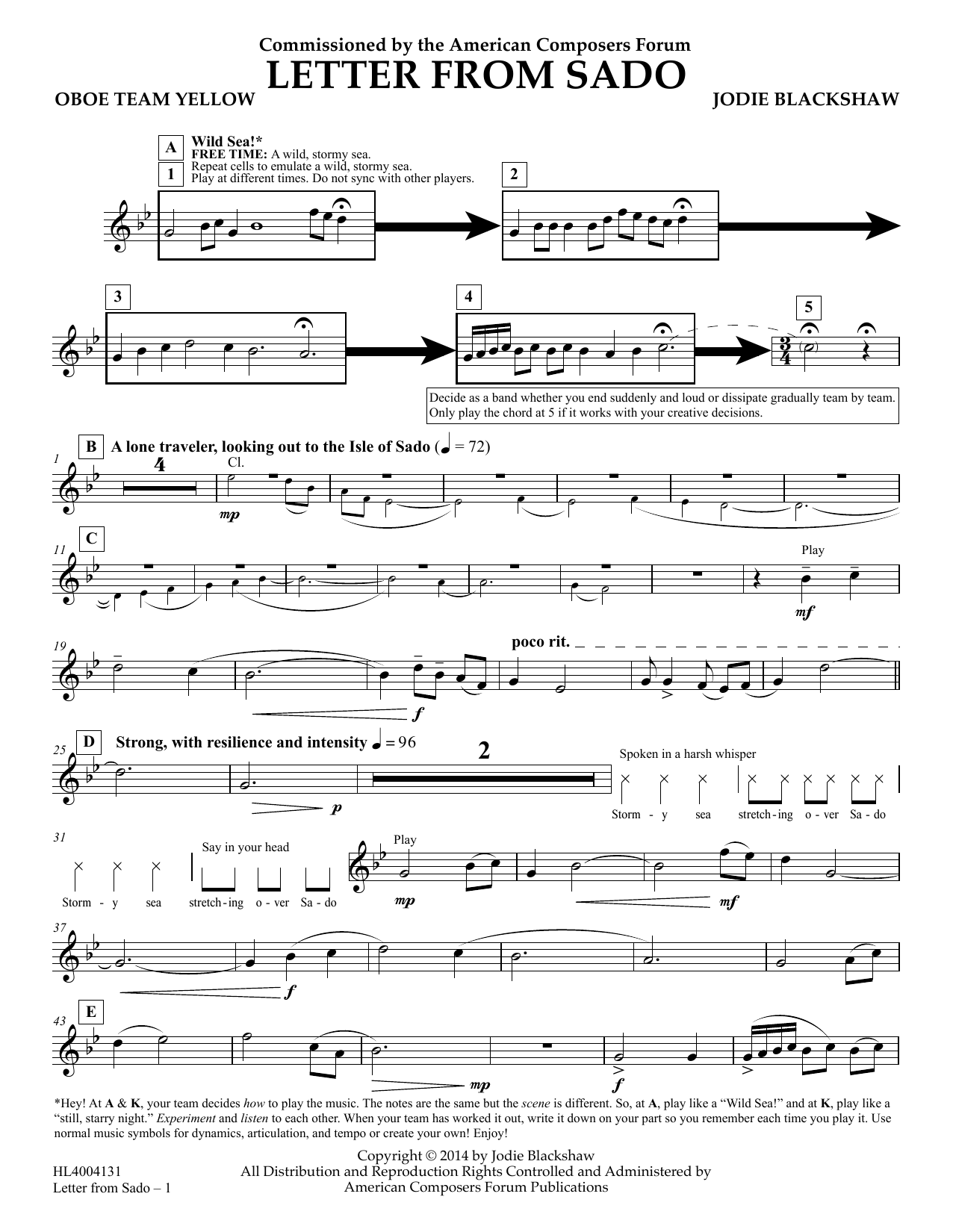 Jodie Blackshaw Letter from Sado - Oboe Team Yellow sheet music notes and chords arranged for Concert Band