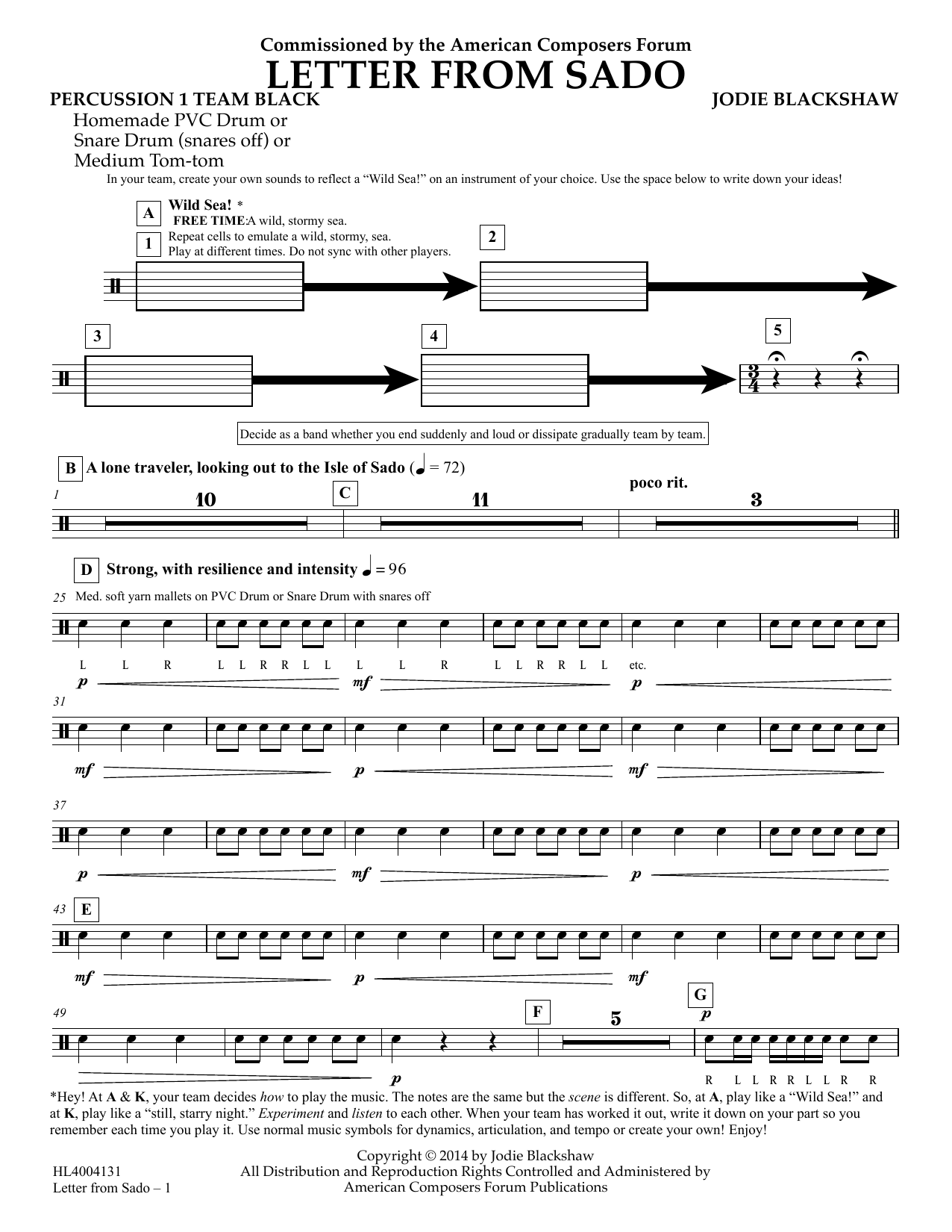 Jodie Blackshaw Letter from Sado - Percussion 1 Team Black sheet music notes and chords arranged for Concert Band