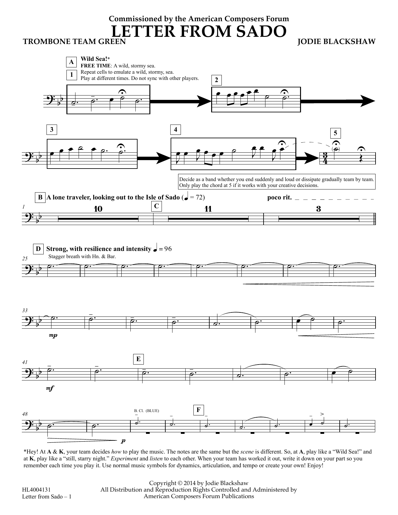 Jodie Blackshaw Letter from Sado - Trombone Team Green sheet music notes and chords arranged for Concert Band