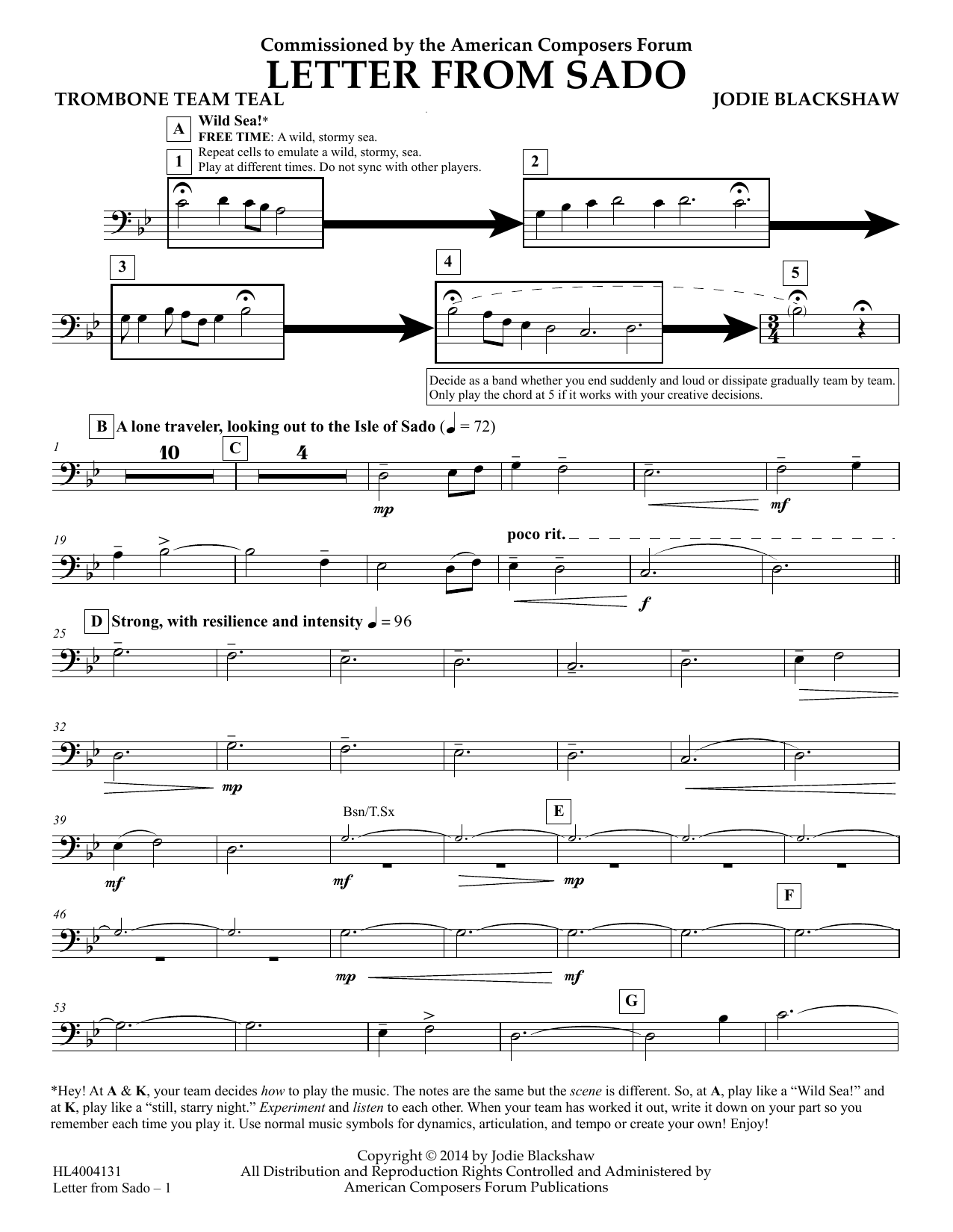 Jodie Blackshaw Letter from Sado - Trombone Team Teal sheet music notes and chords arranged for Concert Band