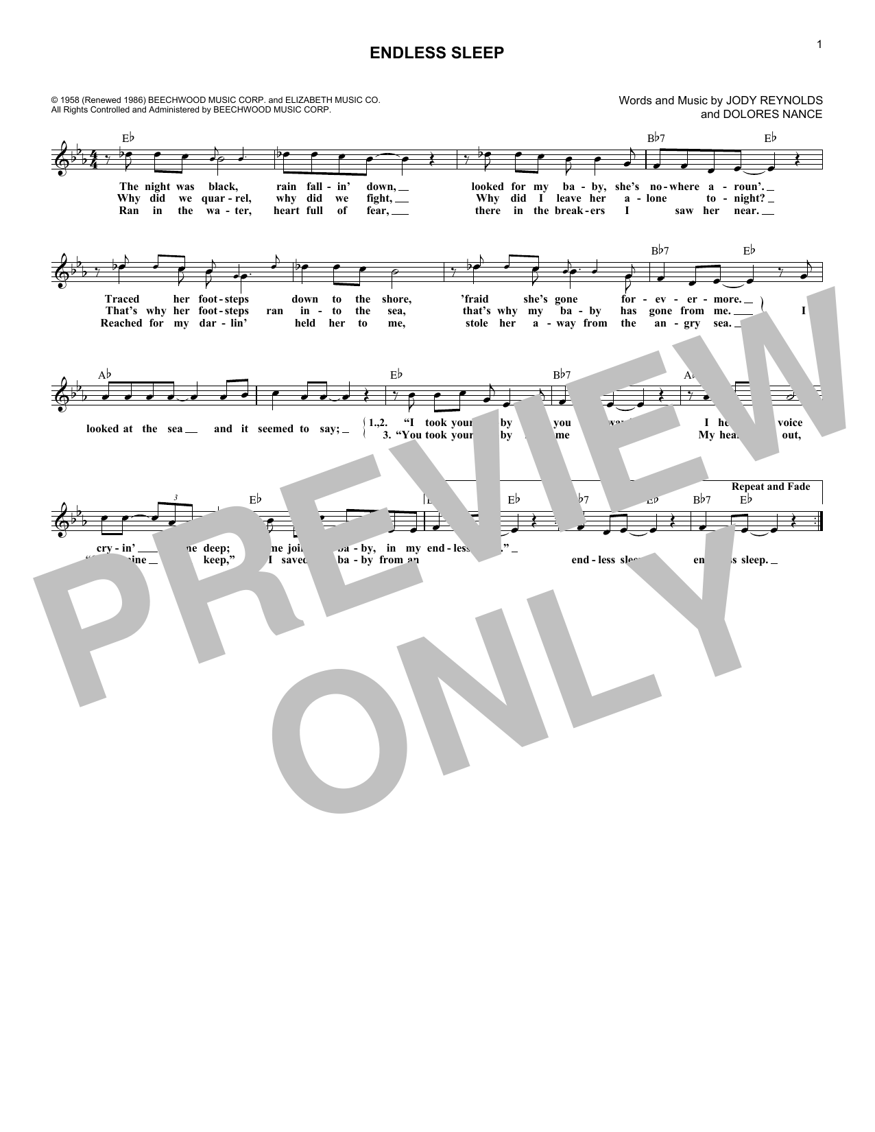 Jody Reynolds Endless Sleep sheet music notes and chords arranged for Lead Sheet / Fake Book