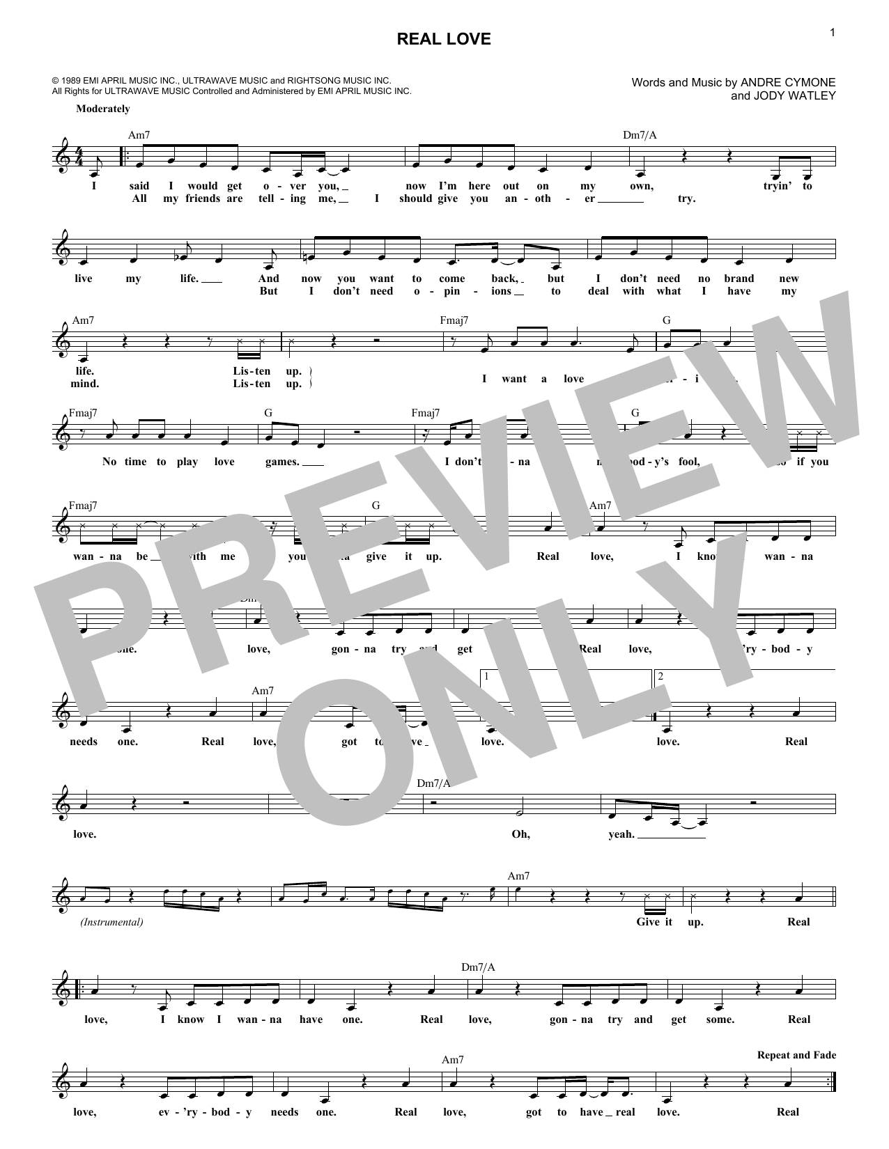 Jody Watley Real Love sheet music notes and chords arranged for Lead Sheet / Fake Book