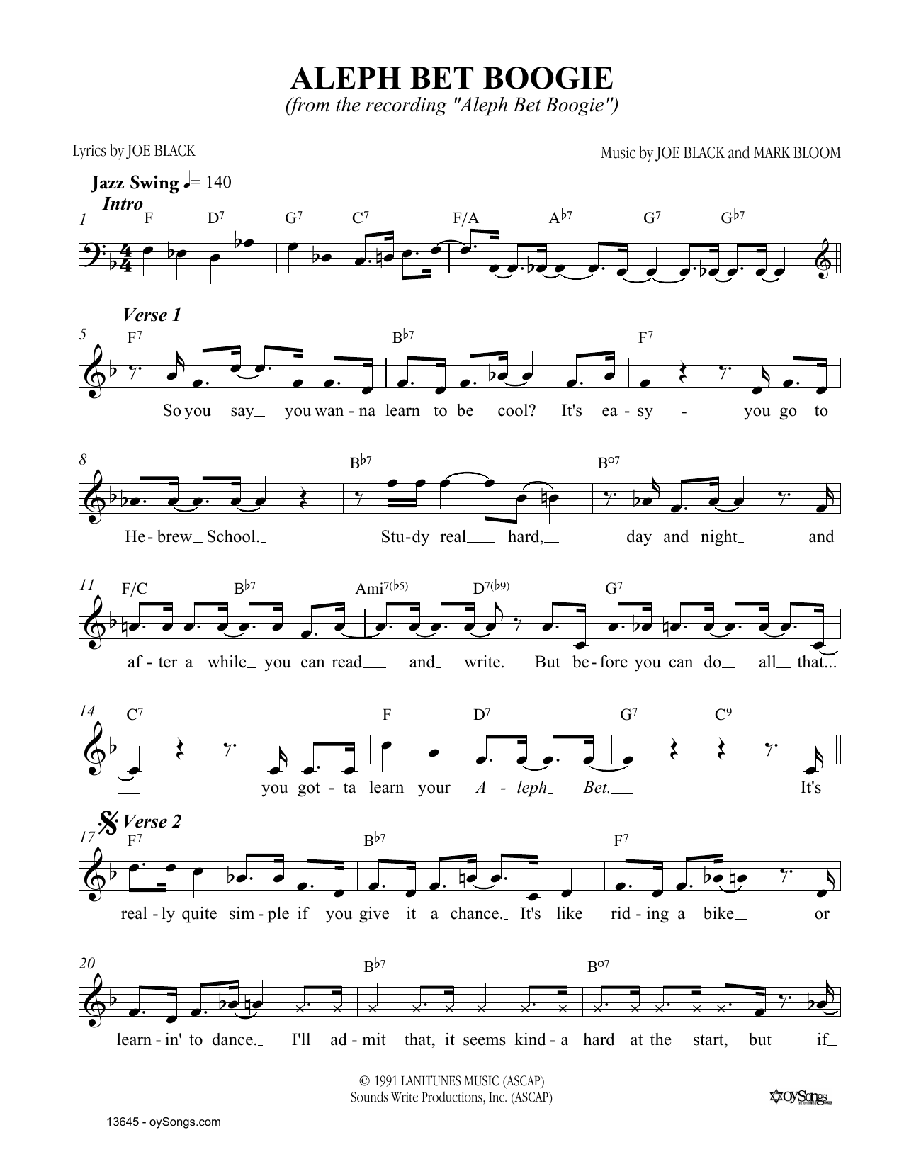 Joe Black Aleph Bet Boogie sheet music notes and chords arranged for Lead Sheet / Fake Book