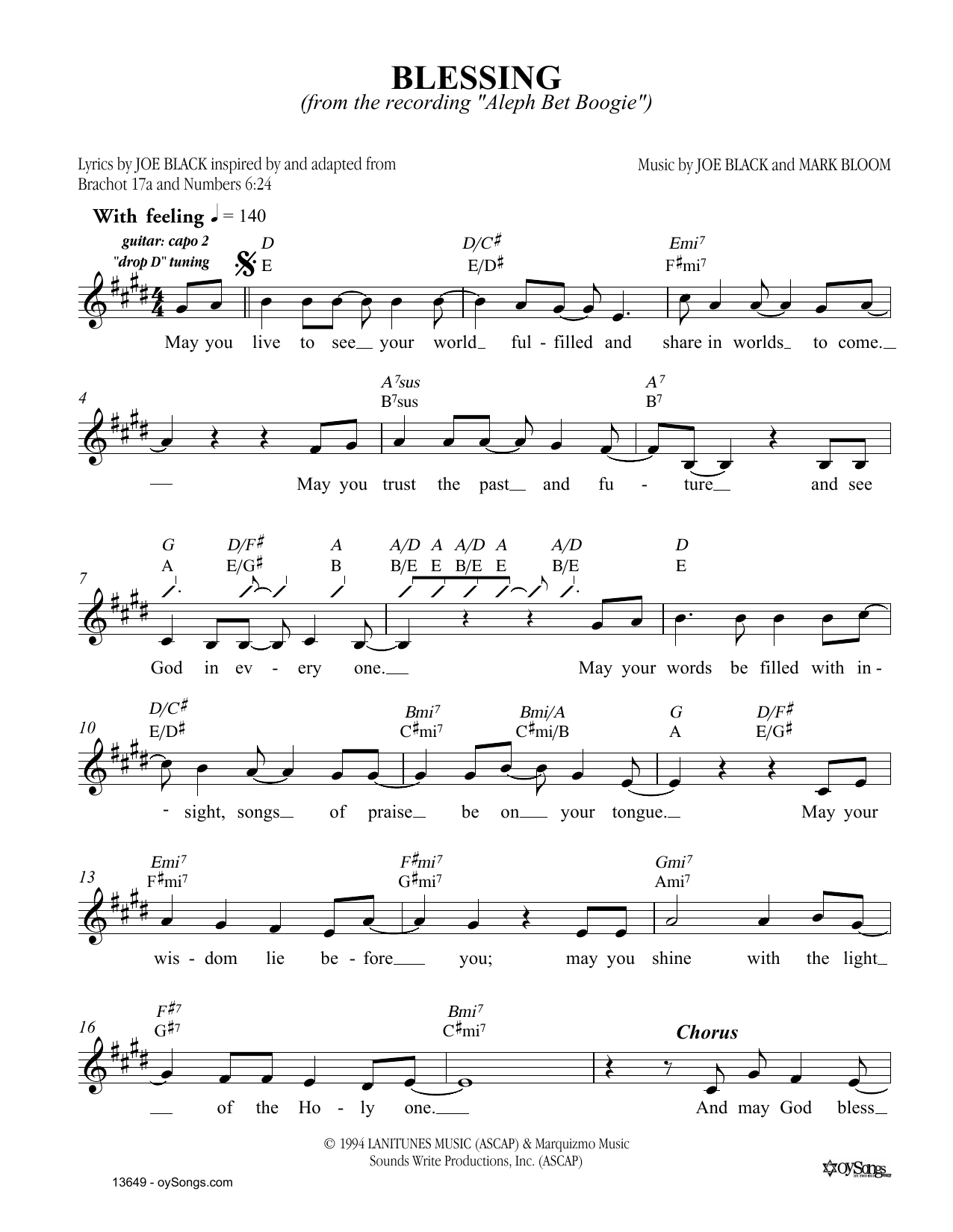 Joe Black Blessing sheet music notes and chords arranged for Lead Sheet / Fake Book