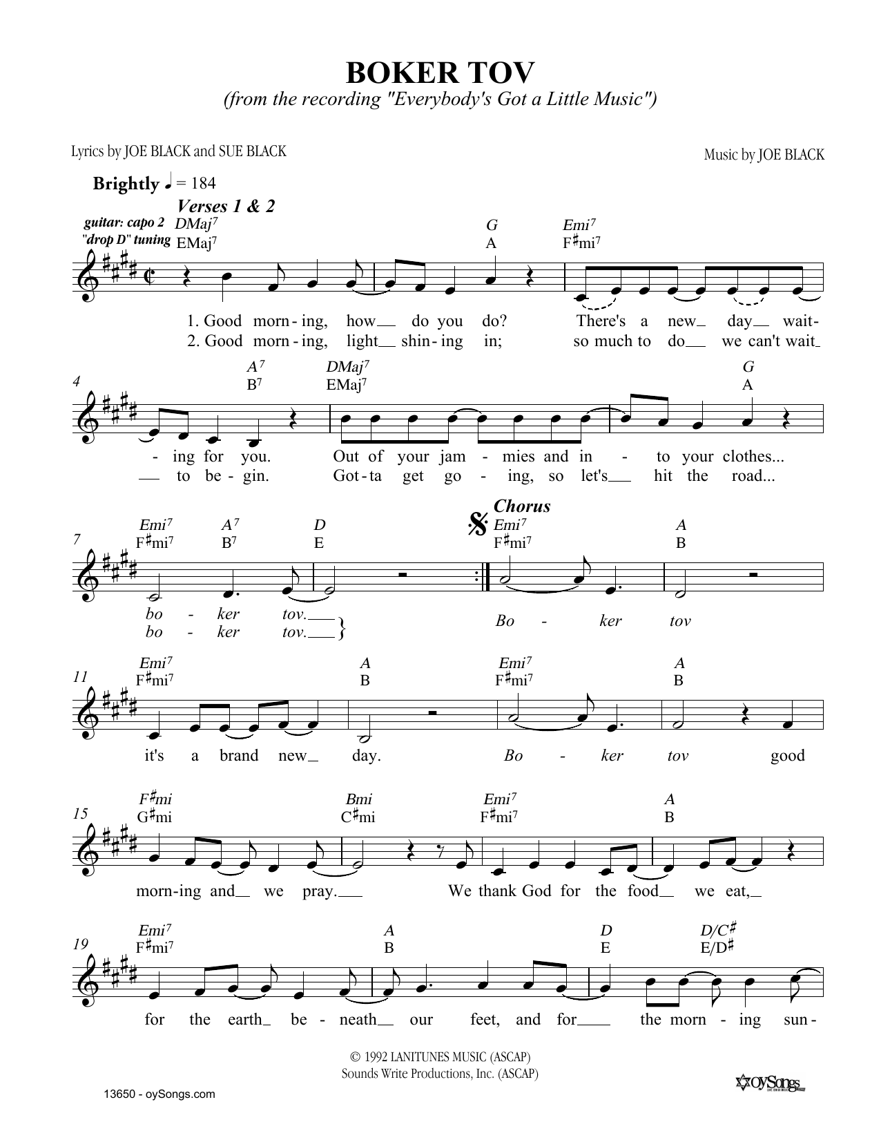 Joe Black Boker Tov sheet music notes and chords arranged for Lead Sheet / Fake Book