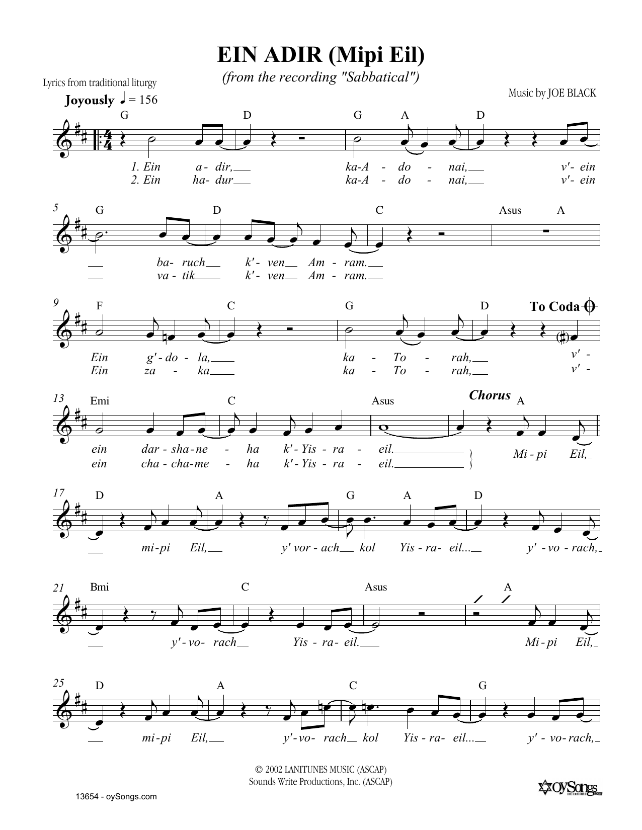 Joe Black Ein Adir sheet music notes and chords arranged for Lead Sheet / Fake Book