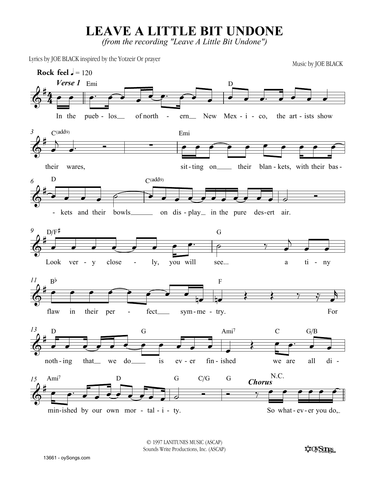 Joe Black Leave A Little Bit Undone sheet music notes and chords arranged for Lead Sheet / Fake Book