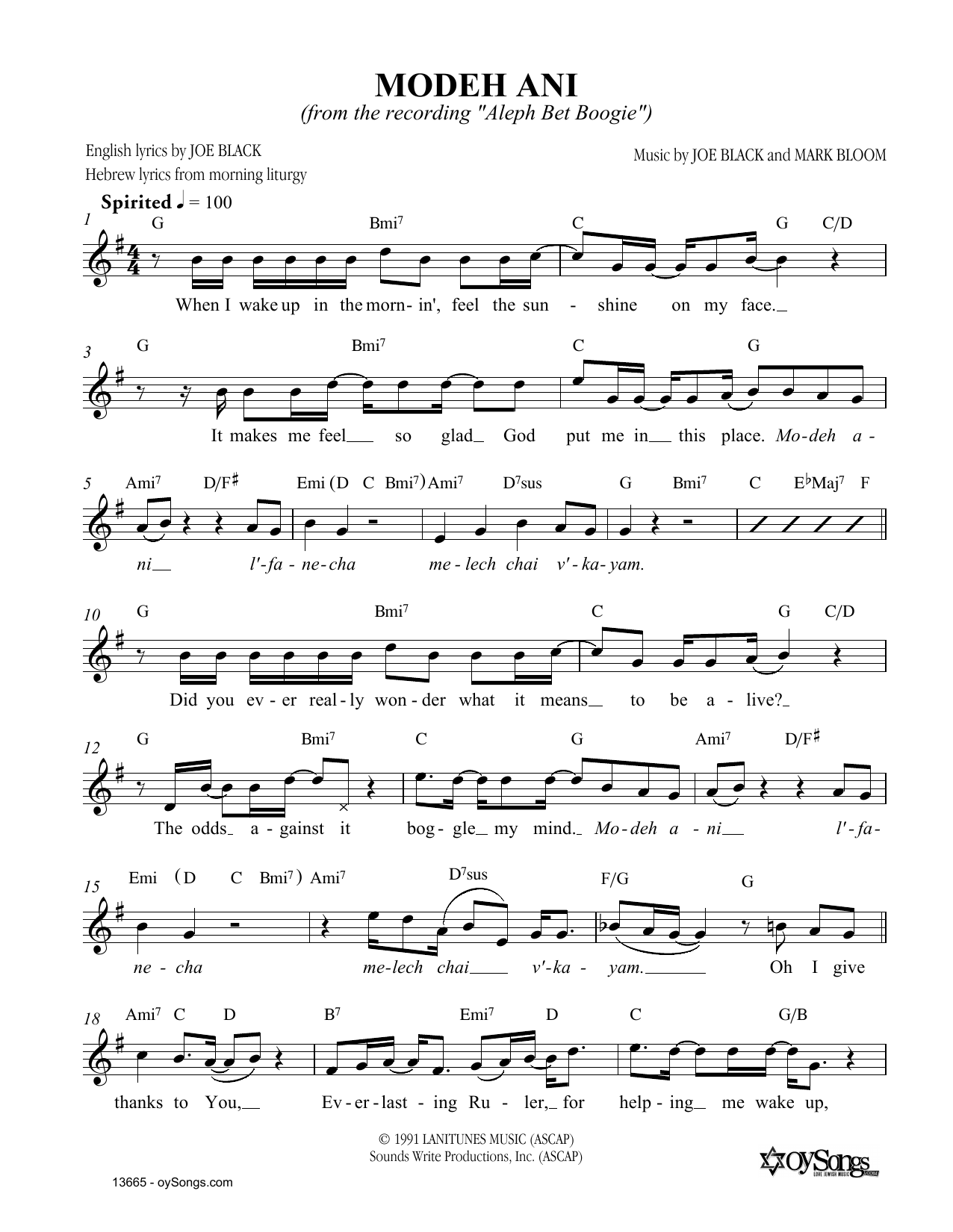 Joe Black Modeh Ani sheet music notes and chords arranged for Lead Sheet / Fake Book