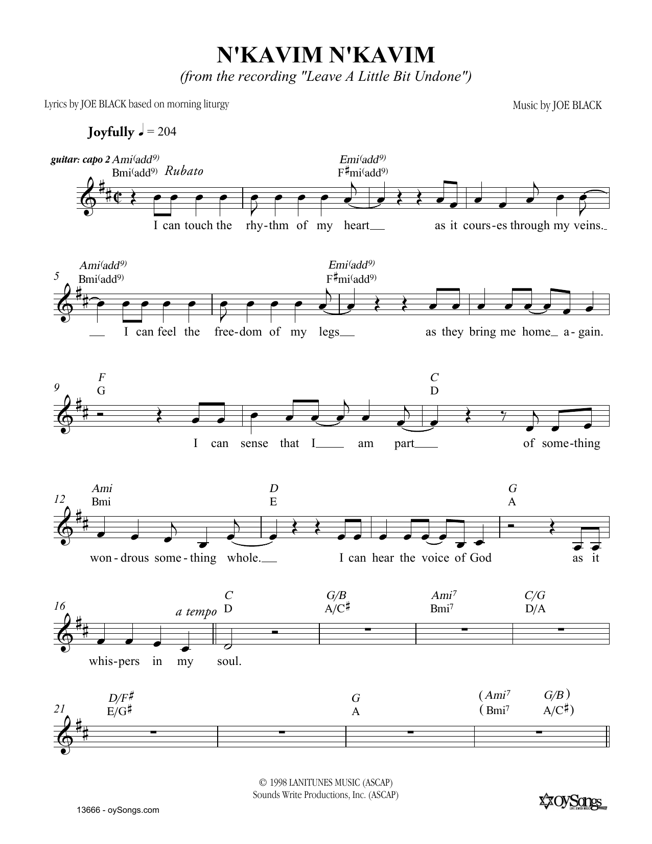 Joe Black N'kavim sheet music notes and chords arranged for Lead Sheet / Fake Book
