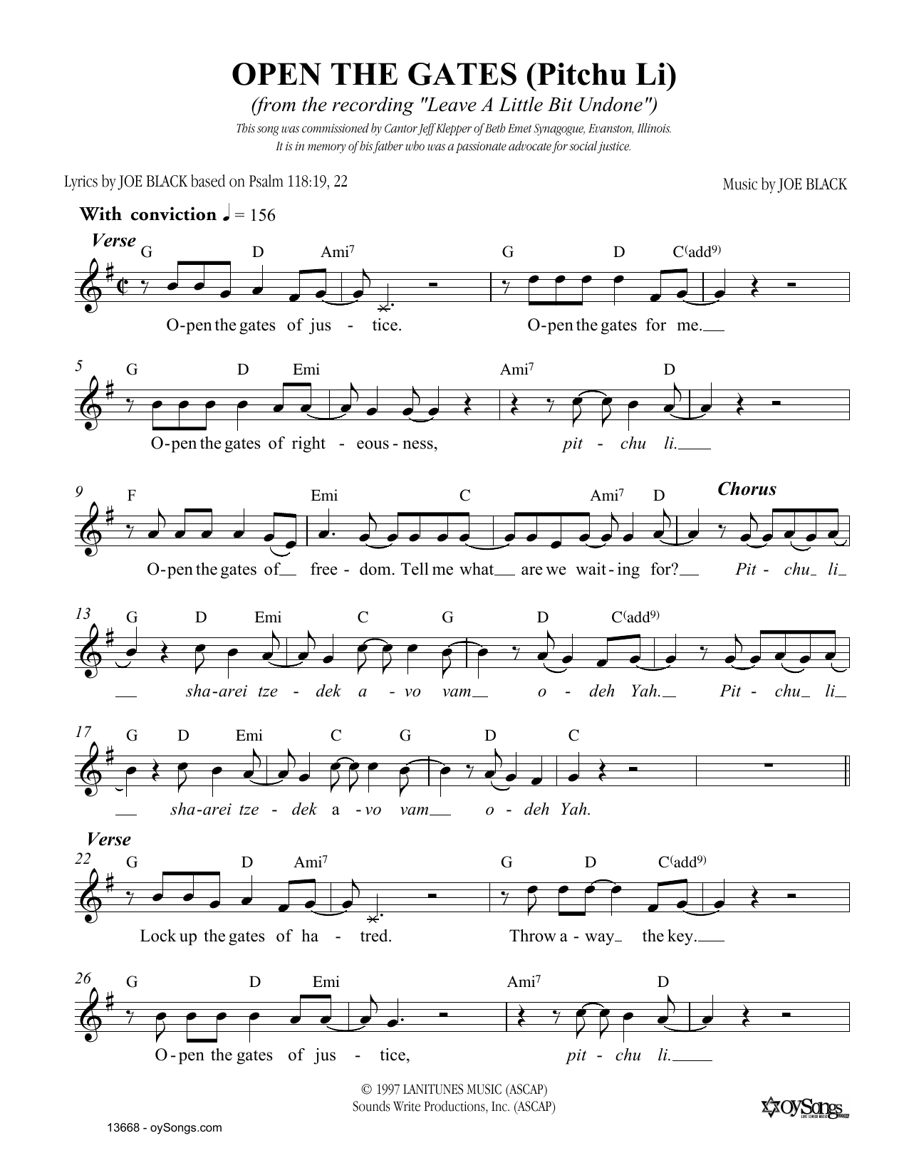 Joe Black Open The Gates sheet music notes and chords arranged for Lead Sheet / Fake Book