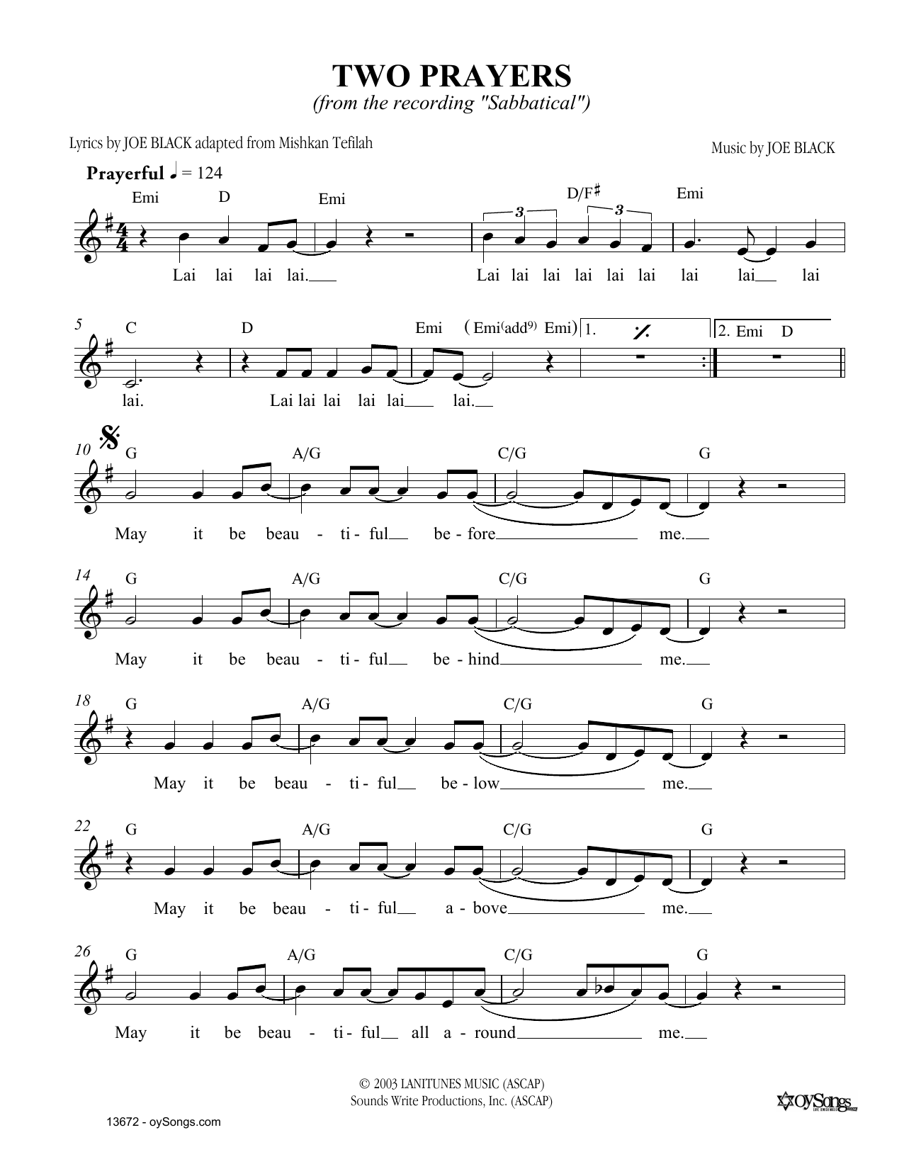 Joe Black Two Prayers sheet music notes and chords arranged for Lead Sheet / Fake Book