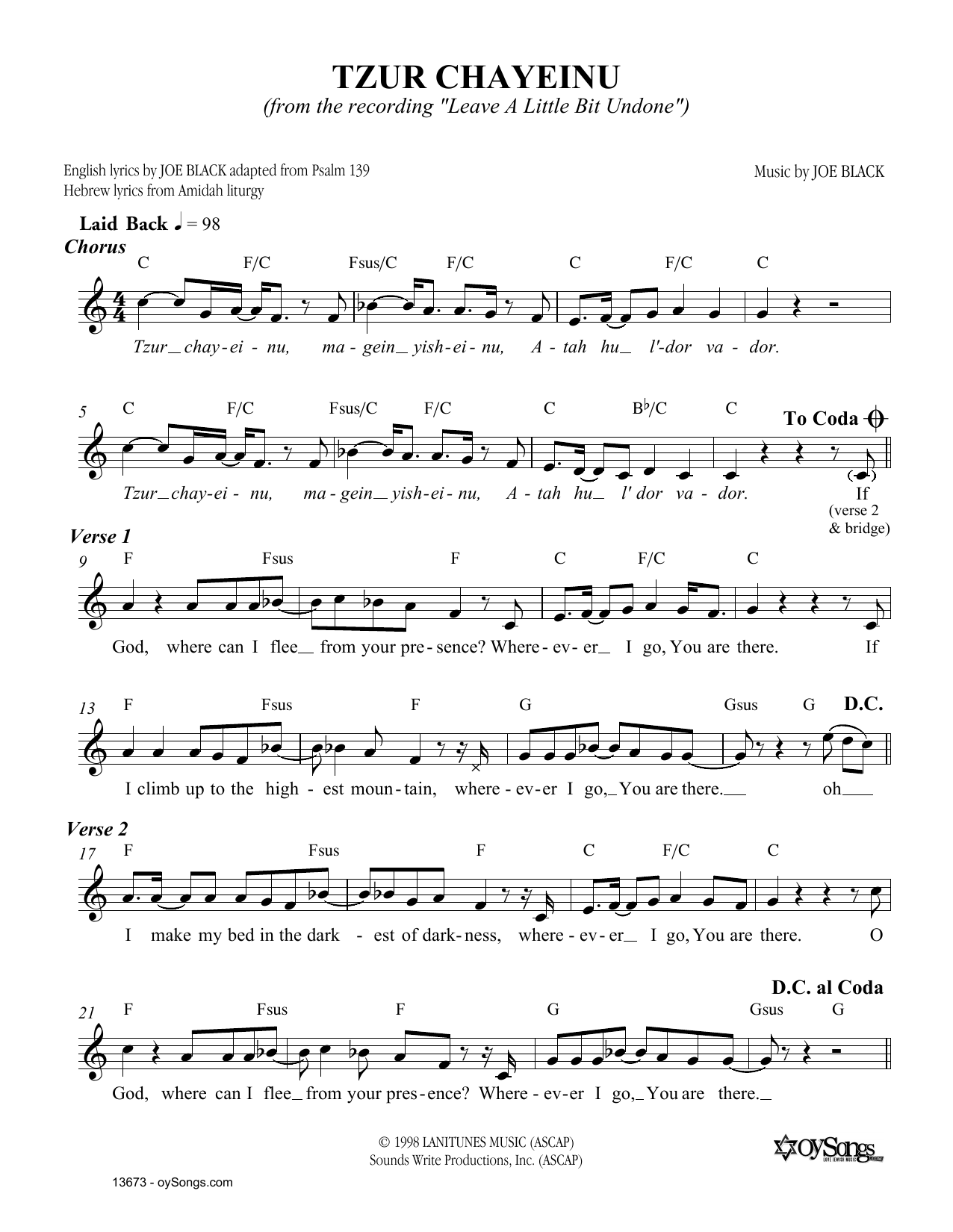 Joe Black Tzur Chayeinu sheet music notes and chords arranged for Lead Sheet / Fake Book