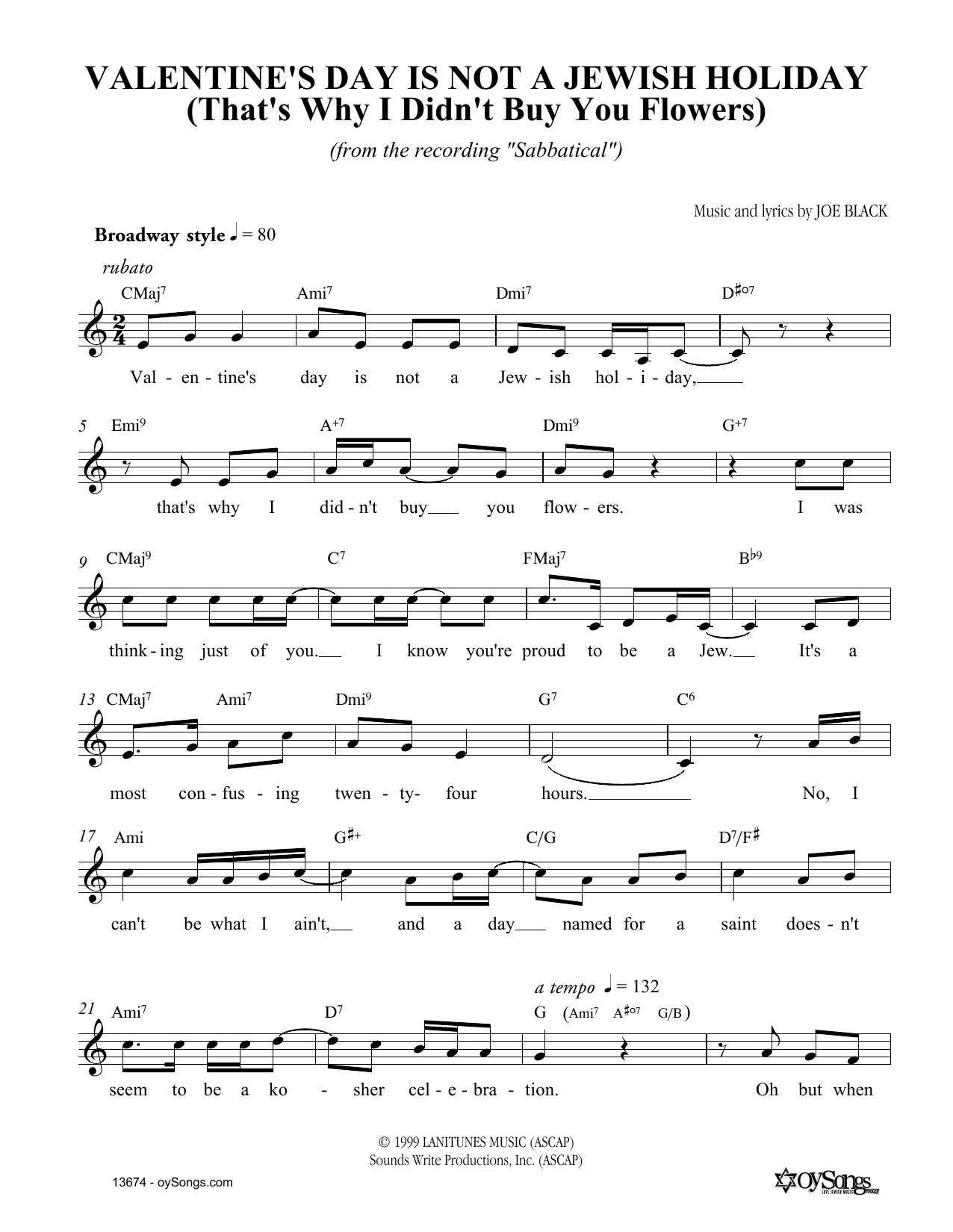 Joe Black Valentine's Day Is Not A Jewish Holiday sheet music notes and chords arranged for Lead Sheet / Fake Book