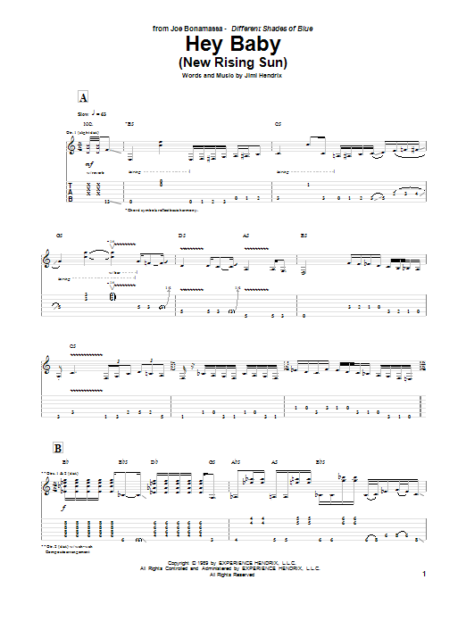 Joe Bonamassa Hey Baby (New Rising Sun) sheet music notes and chords arranged for Guitar Tab
