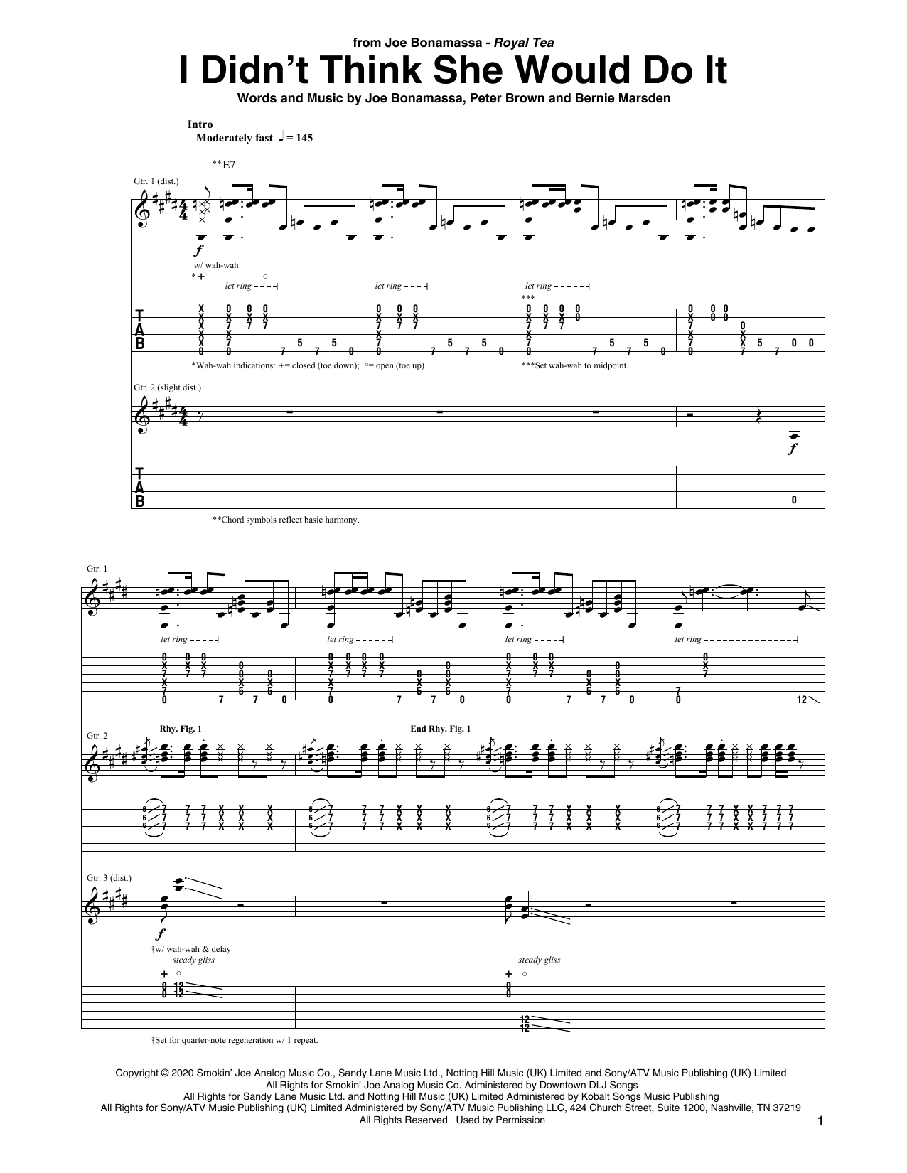 Joe Bonamassa I Didn't Think She Would Do It sheet music notes and chords arranged for Guitar Tab