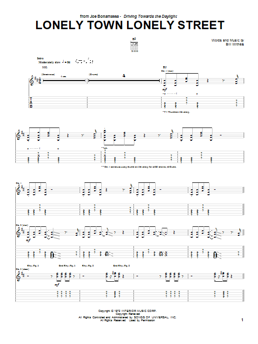 Joe Bonamassa Lonely Town Lonely Street sheet music notes and chords arranged for Guitar Tab